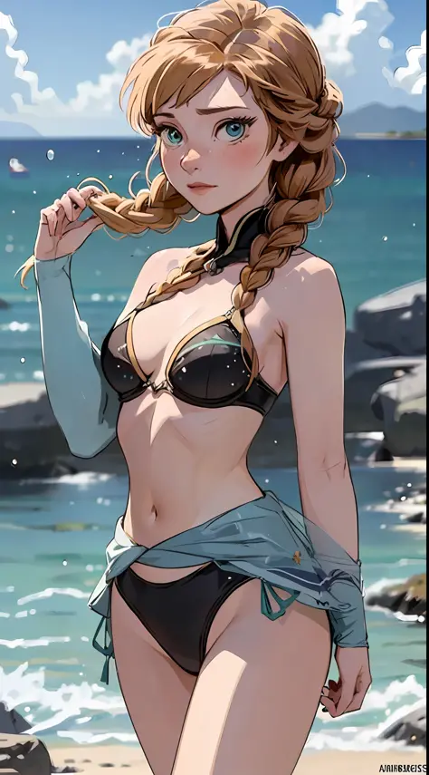 Anna de Frozen posando sexy en bikini, beach behind, small waist, piernas largas
