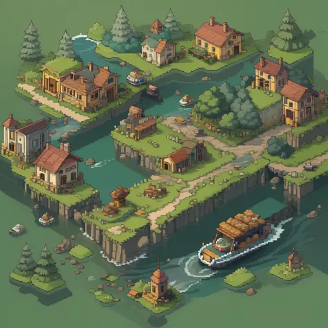 top quality, best quality, High-quality illustrations, masterpiece, mother2 map, town, load, car, river, pixel art, dots, Quarter View,