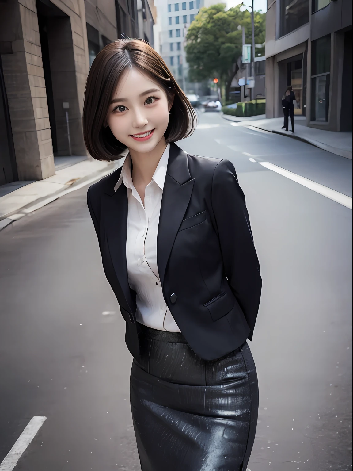 best quality, masterpiece, ultra high res, (photorealistic:1.4), RAW photo,cinematic lighting, 1 japanese girl,solo,20 years old,big breasts,(detailed beautiful face:1.5),(real skin:1.5),slender,thin legs,(big eyes:1.5),(smiling:1.3),(bob:1.5),BREAK,(Business Suit,pencil skirt:1.5),