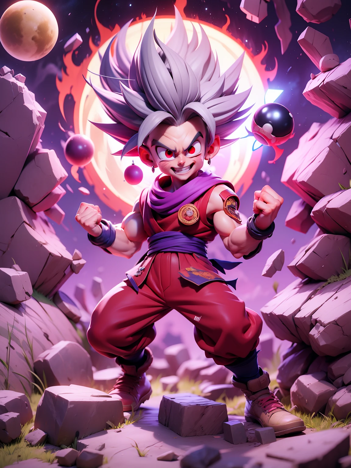 masterpiece, best quality, ultra-detailed, Adult Gohan 1boy, solo, Full body, evil smile, grey hair, spiked hair, (((red eyes))), (((perfect eyes))), (((PURPLE dougi))), full body, looking at viewer, male focus, earth \(planet\), planet, space, cracked ground and lots of rocks rising up, lots of debris going up, perfect hands . Cute, chibi,