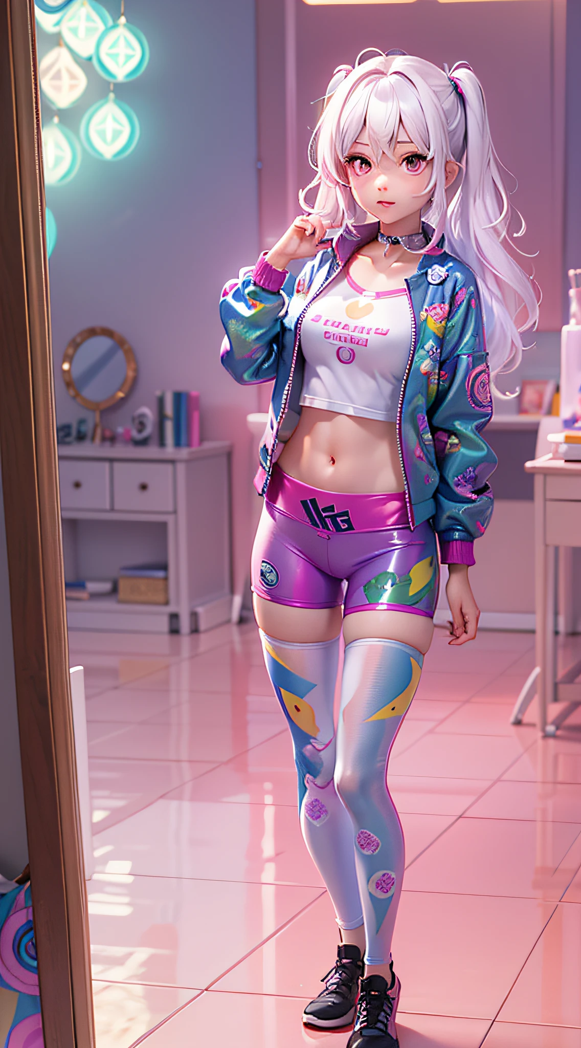 ((Masterpiece)), best quality, absurderes, ultra detailed, holographic, cowboy shot, super cute girl, mature girl, super beautiful asian girl with very beautiful violet glowing eyes, beautiful glowing white multicolored hair, nice and sexy body, slim body, perfect body, wearing super tight anime printed boxers, an anime printed super tight shirt, super aesthetic pink jacket, looking to a glowing mirror, seeing a different version of her from other universe