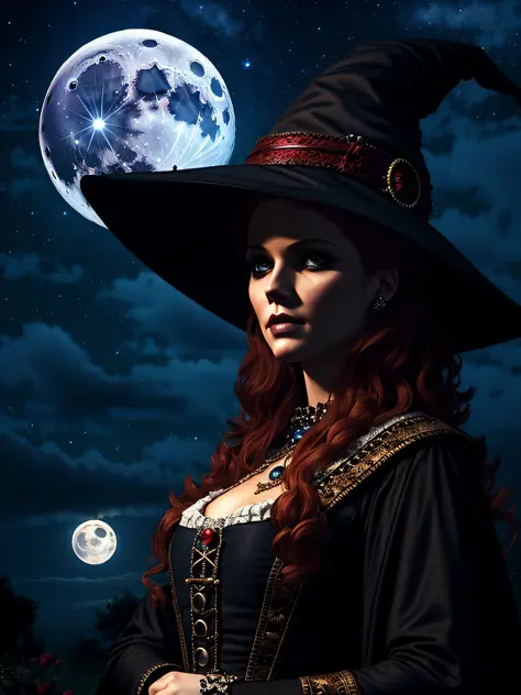 beautiful female witch, long red hair, big black witch hat, facing camera, night sky, full moon, highly detailed, royo