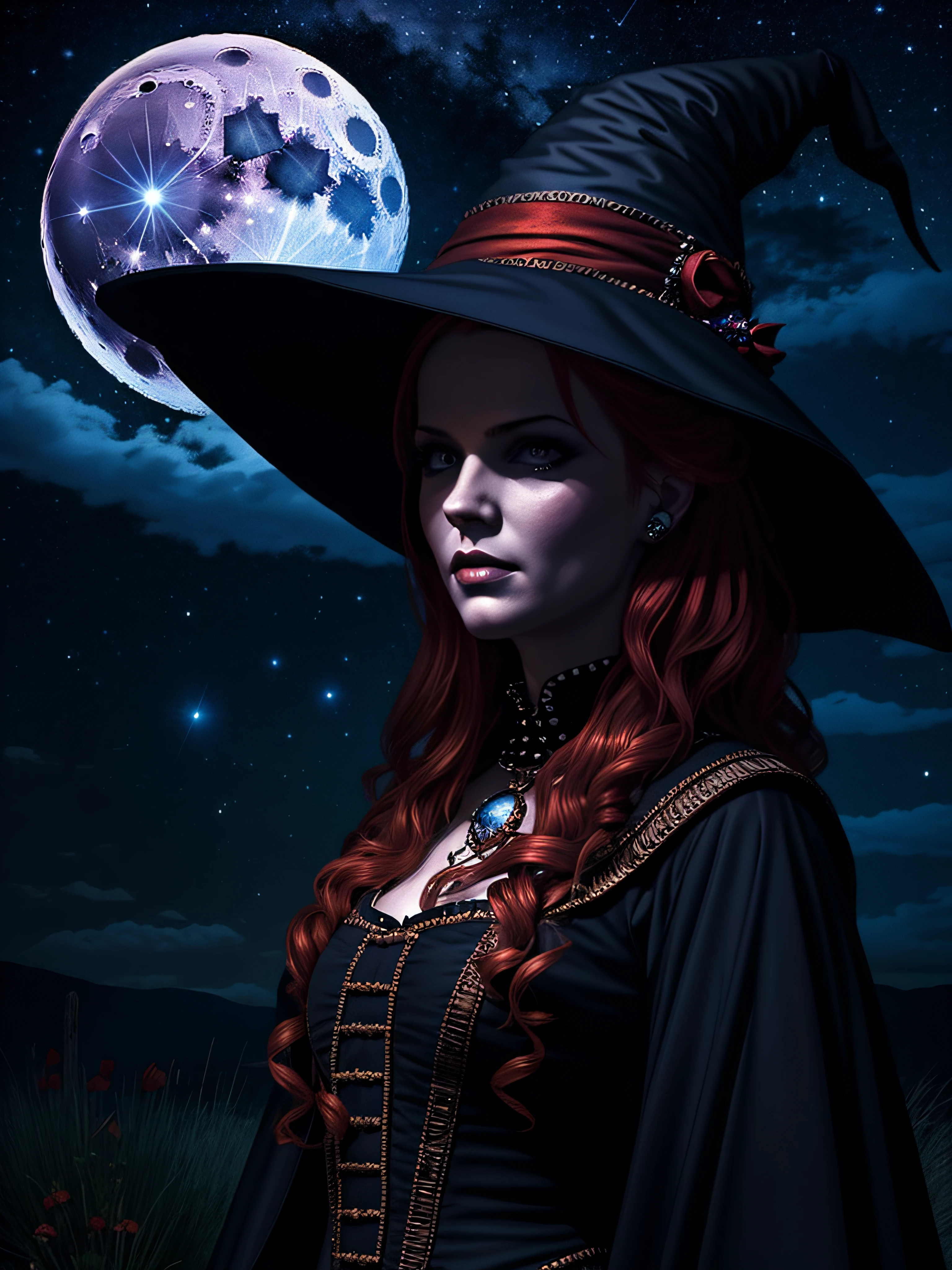 beautiful female witch, long red hair, big black witch hat, facing camera, night sky, full moon, highly detailed, royo