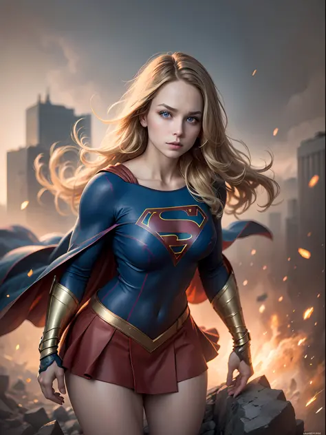 supergirl, blue eyes, blonde hair, long hair, cape, superhero, skirt, boots, (blonde girl:1.5), (realistic:1.2), (hero view:1.2)...