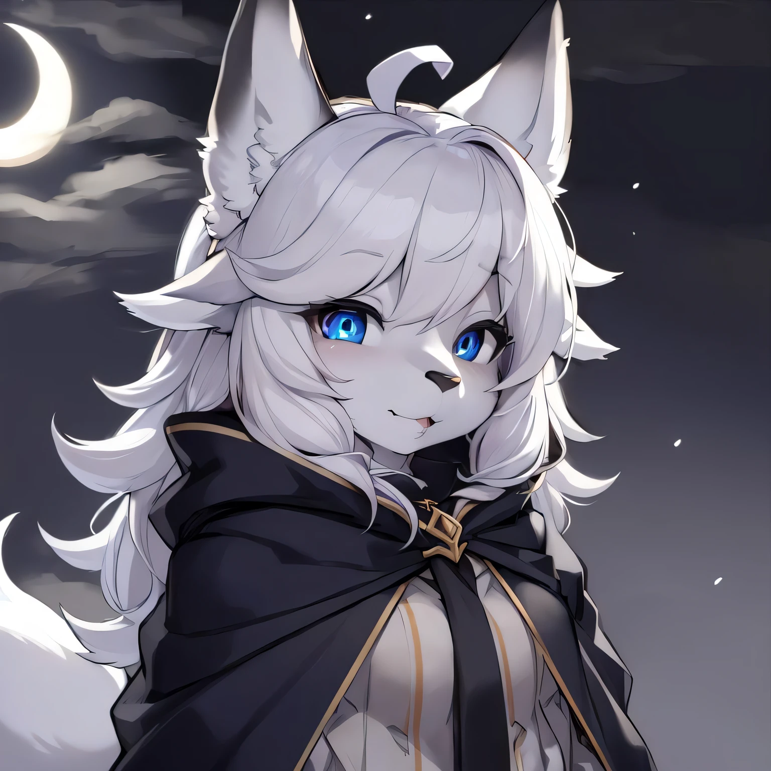 (fluffy anthro furry:1.3), 1girl, solo, furry wolf, wolf ears, kemono, (closed mouth, cloak:0.9), crescent moon, moonlight, hair ribbon, ahoge, two-tone hair, (atmospheric perspective, amazing background, night, cloudy sky, snow, snowing, glacier:0.8), (multicolored hair, blue eyes:1.3),