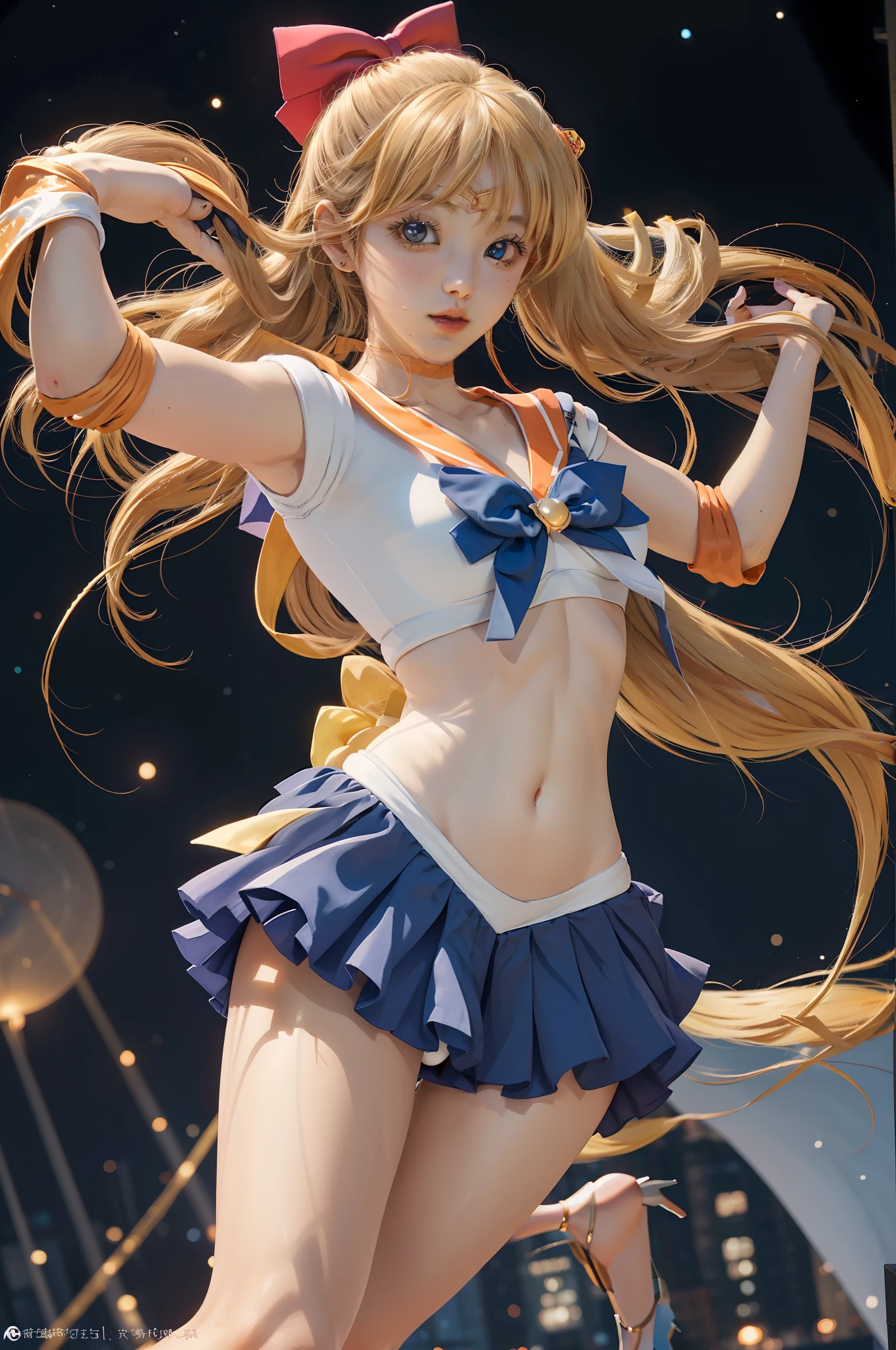 high-level image quality、Sailor Venus Costume、orange colors、Large ribbon on the chest of Sailor Venus、Photo,White panty、Orange high heels for Sailor Venus、rialistic photo、An ultra-high picture quality、Panties showing off a rolled up skirt、ｒBeautiful armpits、Beautiful white panties、Live-action quality、Crotch wide open、I can see my panties.、Beautiful facial features、beautiful thigh、Ultra ailorvenus、poneyTail、Spread your crotch wide、a close up of a woman in a costume posing for a picture, White panty、A sexy、Anime girl cosplay, Sailor Moon Style, Anime Cosplay, Beautiful armpits、Beautiful navel、Sailor Moon!! Beautiful, cosplay foto, Cosplay,  Real Photographics, Inspired by Yang J