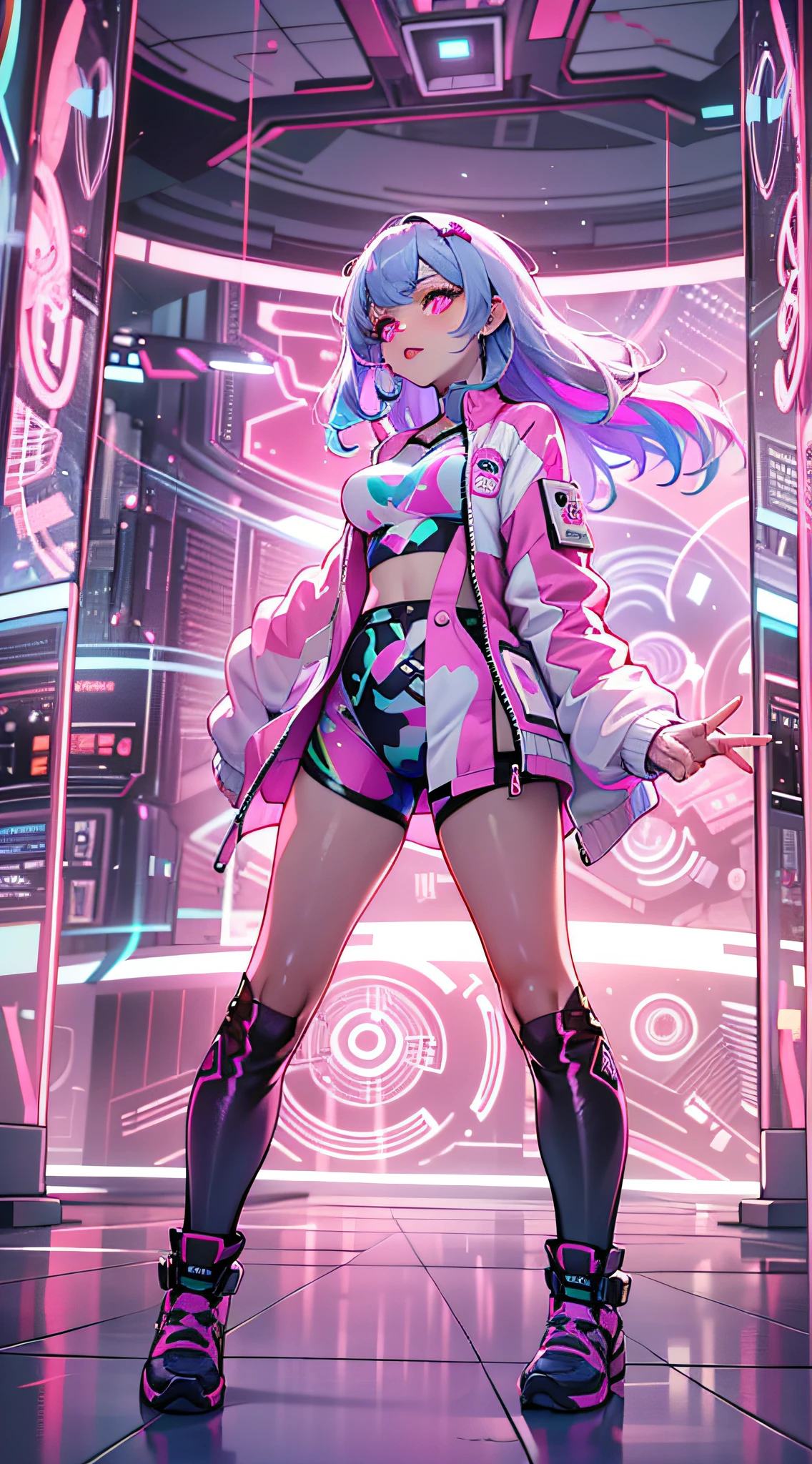 ((Masterpiece)), best quality, absurderes, ultra detailed, holographic, cowboy shot, super cute girl, mature girl, super beautiful asian girl with very beautiful violet glowing eyes, beautiful glowing white multicolored hair, nice and sexy body, slim body, perfect body, wearing super tight anime printed boxers, an anime printed super tight shirt, super aesthetic pink jacket, looking to a glowing mirror, seeing a different version of her from other universe