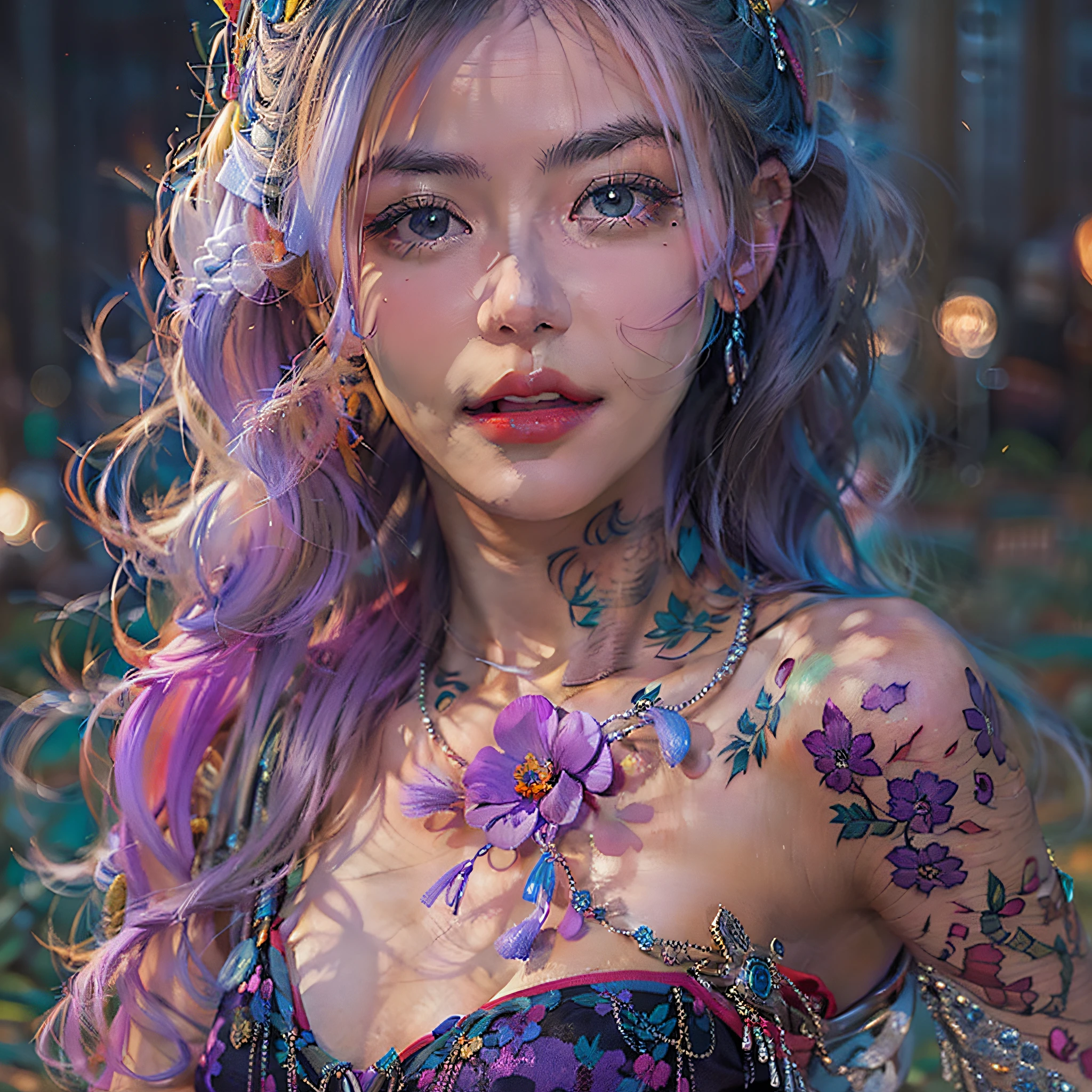 Araffe girl with purple hair and tattoos posing for a picture - SeaArt AI