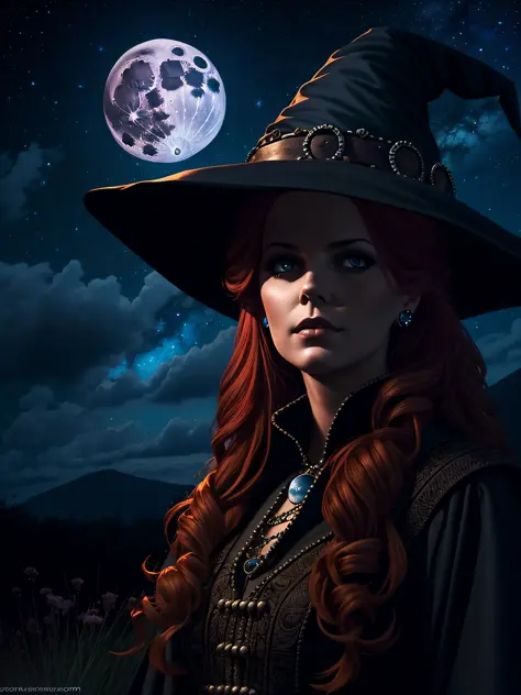 beautiful female witch, long red hair, big black witch hat, facing camera, night sky, full moon, highly detailed, royo