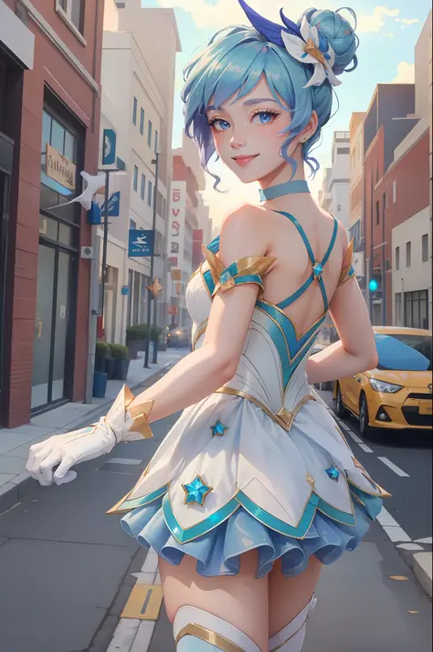 (Masterpiece:1.4), (Best quality:1.2), star guardian orianna, Blue hair, hair-bun, Ballerina, Short dress, White gloves, Smile, ...