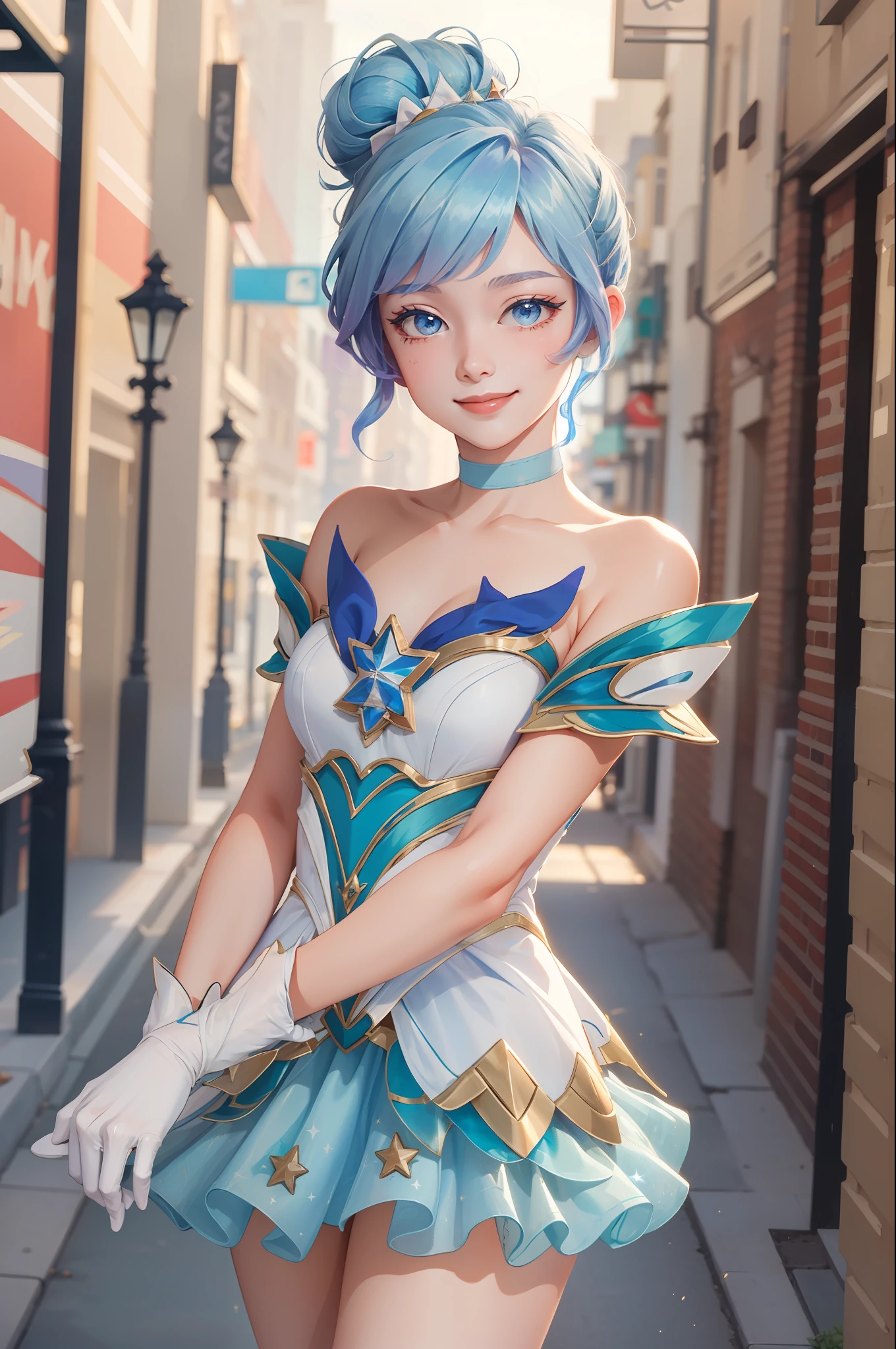 (obra maestra:1.4), (mejor calidad:1.2), star guardian orianna, pelo azul, Moño, bailarina, vestido corto, guantes blancos, sonrisa, Parte superior del cuerpo, tiro de vaquero，la calle，