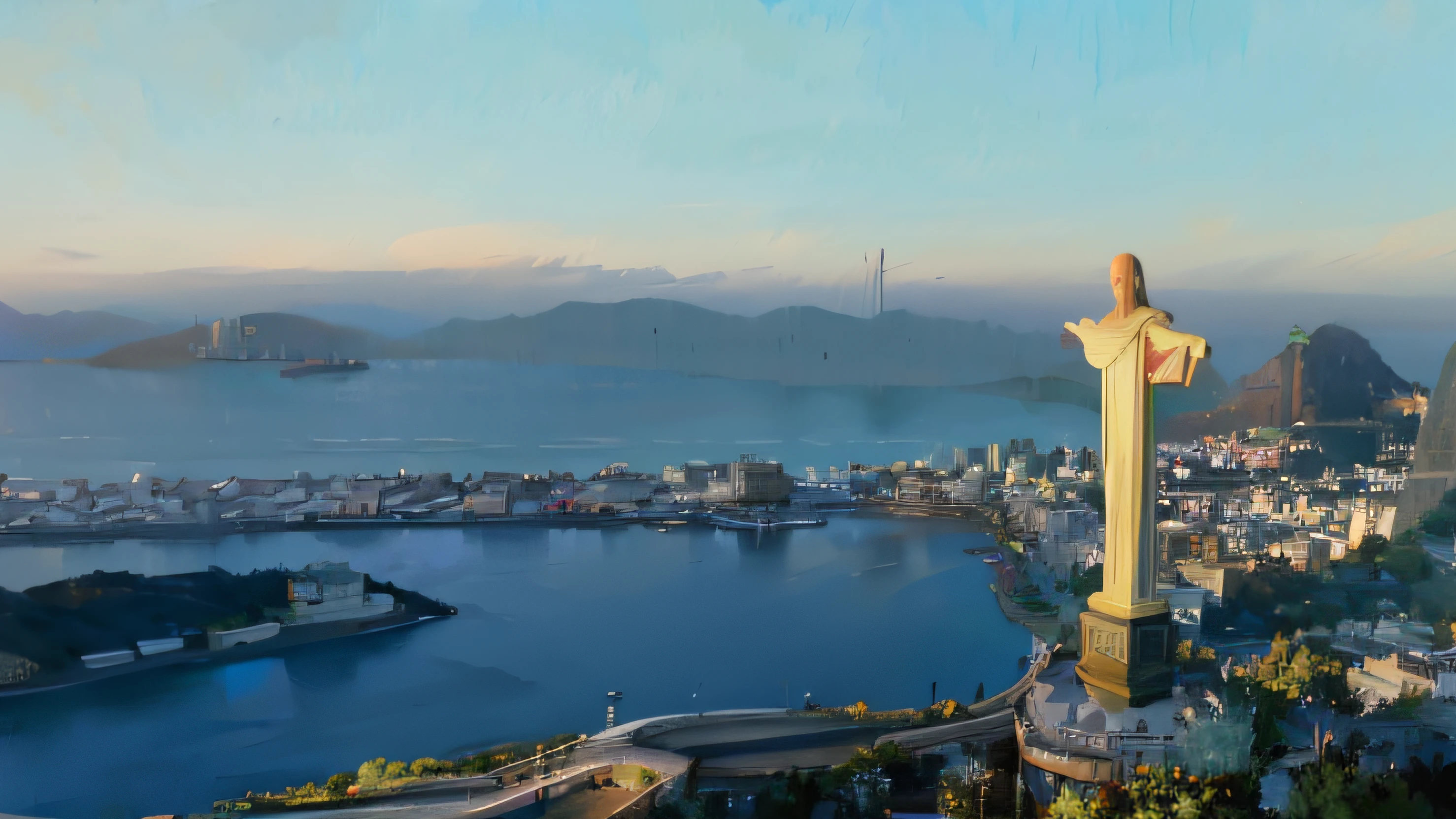 Alafid view of the statue of Jesus overlooking the city and water, Christ the Savior, Christ the Savior, Rio de janeiro, rio de janeiro in an anime film, beautiful panoramic imagery, Amazing view, author：Bernard Meninski, in a panoramic view, panoramic widescreen view, stunning view, author：Xavier Bloom Pinto, high quality image”, author：Joseph Werner