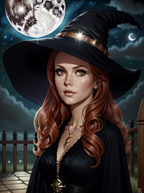 beautiful female witch, long red hair, big black witch hat, facing camera, night sky, full moon, highly detailed, royo