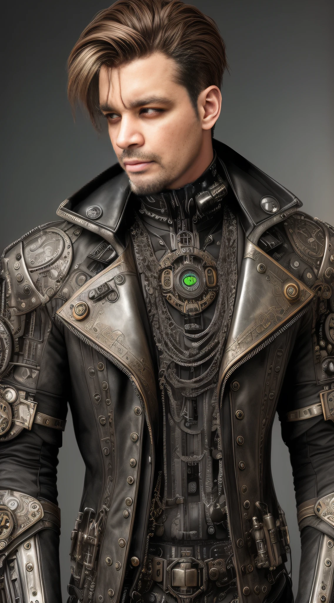 depressed attractive cybernetic man looking down, (steampunk cyborg:1.2), (intricate details), hdr, (intricate details, hyperdetailed:1.2), stark lighting, facing away from camera, hyperrealism, side shot, portrait, torso, hyperdetailed real human hair, (closed eyes), worn leather jacket, skin pores, hyperdetailed perfect real human skin, hyperdetailed face, tensorfunk