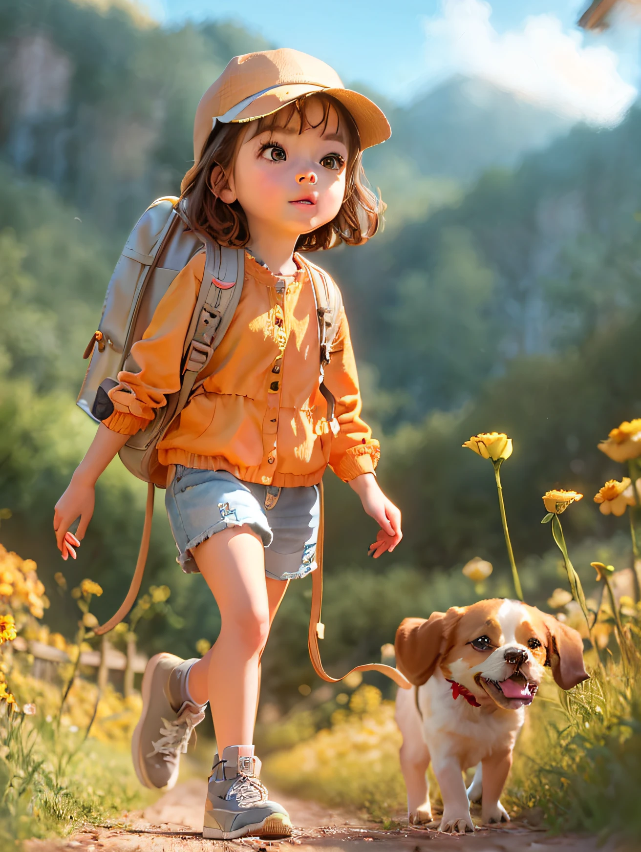 Tip: A very charming little girl with a backpack and her adorable puppy enjoying a lovely spring outing surrounded by beautiful yellow flowers and nature. The illustration is a high-definition illustration in 4K resolution with highly detailed facial features and cartoon-style visuals.