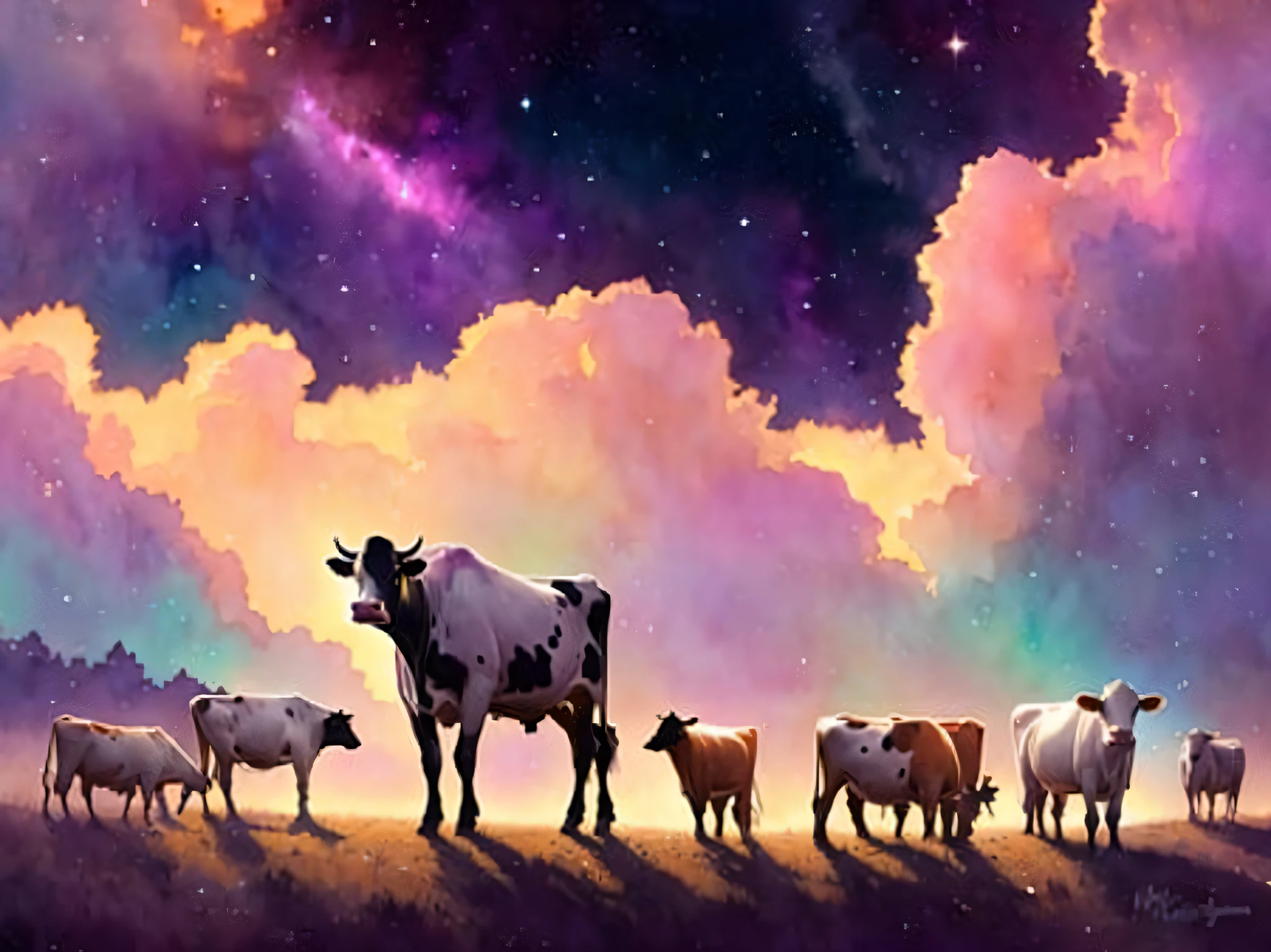 牛，它們被星雲包圍, 非常詳細, 金絲, 浪漫故事書幻想, 柔和的電影燈光, 獎, 迪士尼概念藝術水彩插圖由 Mandy Jurgens、Alphonse Mucha 和 Alena Aenami 繪製, 柔和的調色板, ArtStation 上的精選