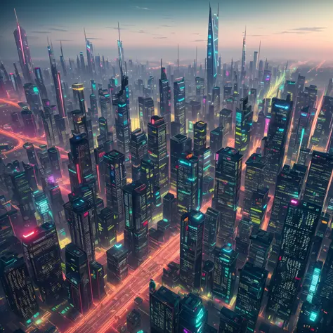 A futuristic city, many skyscrapers, bridges, towers, Blade Runner style, surreal, octane rendering, realistic, cinematic, 8K, very complex, 80s, night, yellow and red neon