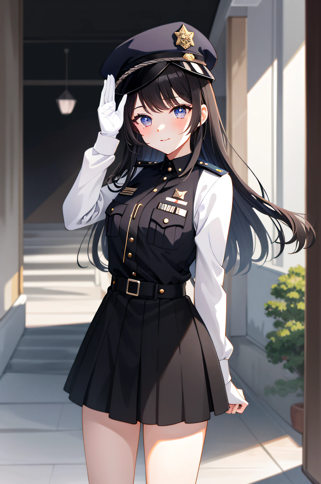 1girll， 独奏， long whitr hair， mediuml breasts，black color hair，The princess cuts the bangs， Purple pupils， ssmile， standing on your feet， 校服，police uniforms，saluting，8K， tmasterpiece， best qualtiy， absurderes， Perfect anatomy， cinmatic lighting， cowboy lens，