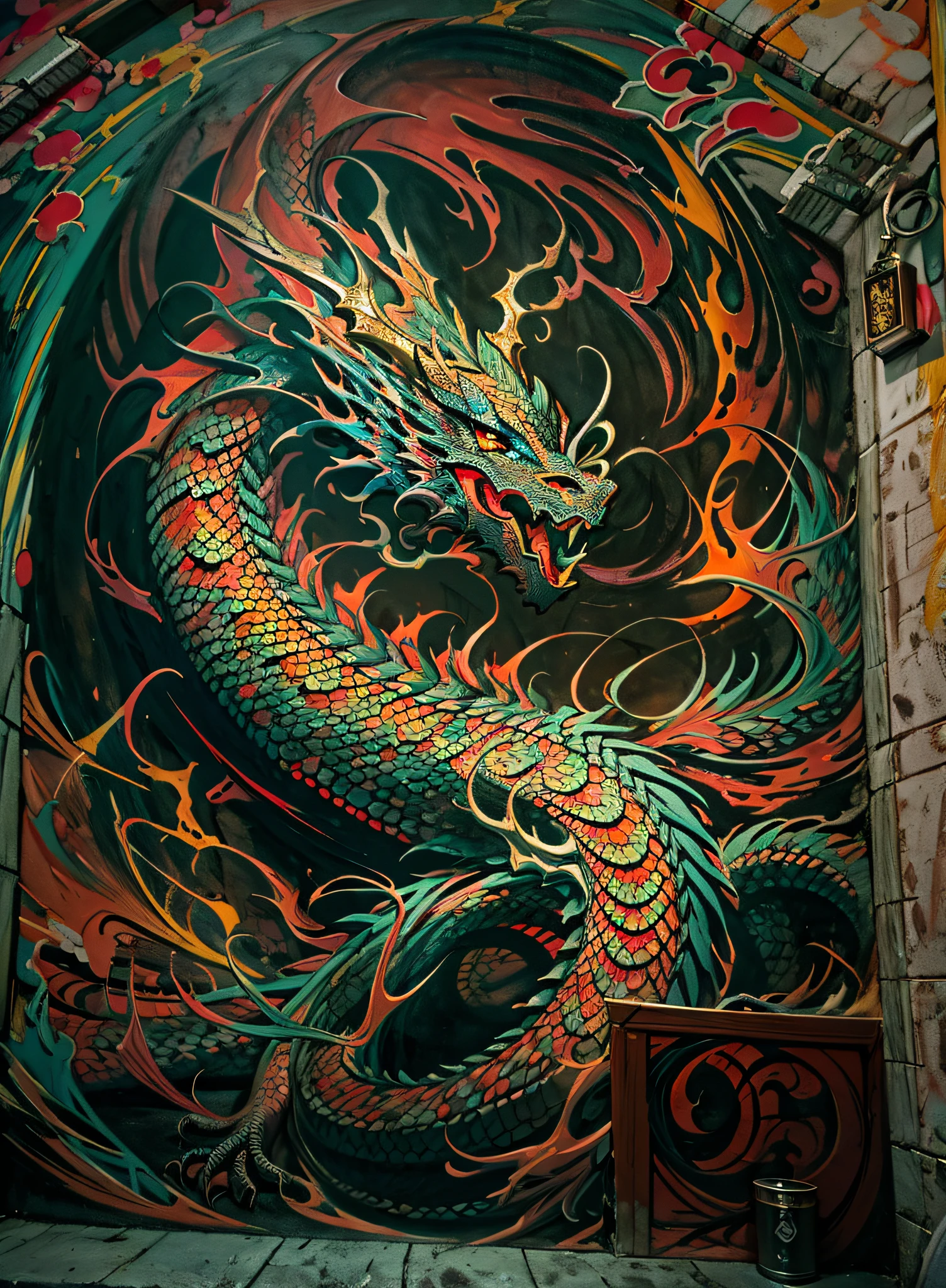 Dragoned, clair obscur,2.5D cinematic scene - filmed in the dark), oriental dragon high resolution mural painting,((walls of a castle)), colorful graffiti,((clair obscur)) and vivid, swirly vibrant colors, expressive brushstrokes, street art vibe.clair obscur,2.5D.