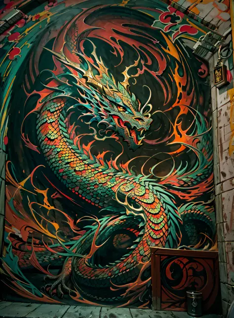 Dragoned, Chiaroscuro,2.5D cinematic scene - filmed in the dark), oriental dragon high resolution mural painting,((muros de um c...