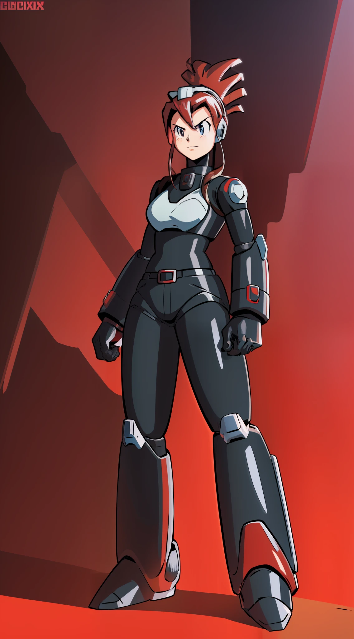 1Girl, Heavily red and white thick armor, gloves, skirt, heavy black cybernetic boots, heavy cybernetic Red with white trim arms with Black Bracelets, heavy cybernetic red torso with mblack jacket, black waist belt, red waist band, megamanX red and white heavy armor, long black pony tail, red and black trim aviator goggles on forehead, heavy thick black hair, metallic red skirt, large Black jacket, red armor with white trim, wearing biker jacket, wearing thick/wide black wristbands, punk pose, hands near hips, two-tone white and red gloves, long black/brown ponytail, big jacket