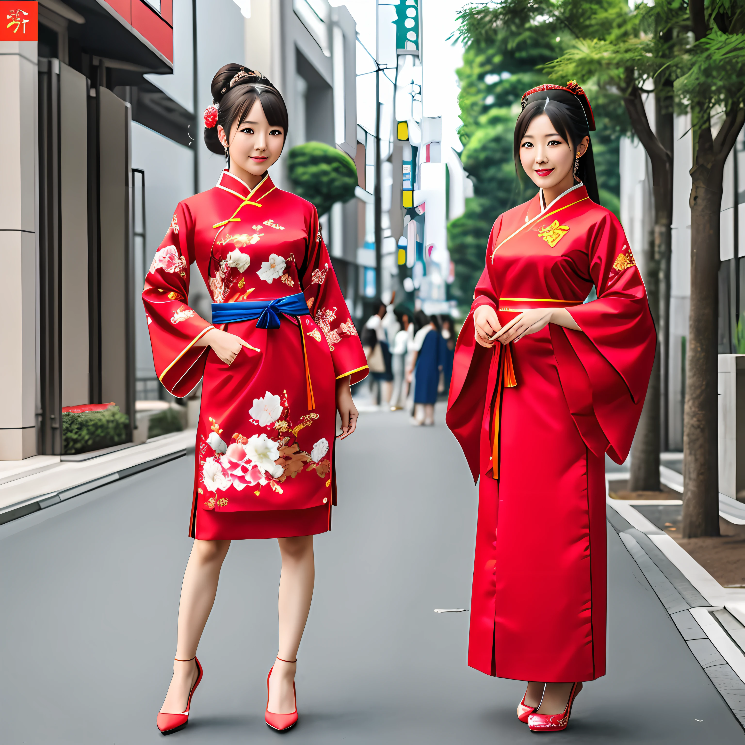 Two women in red kimonos walking down a street - SeaArt AI