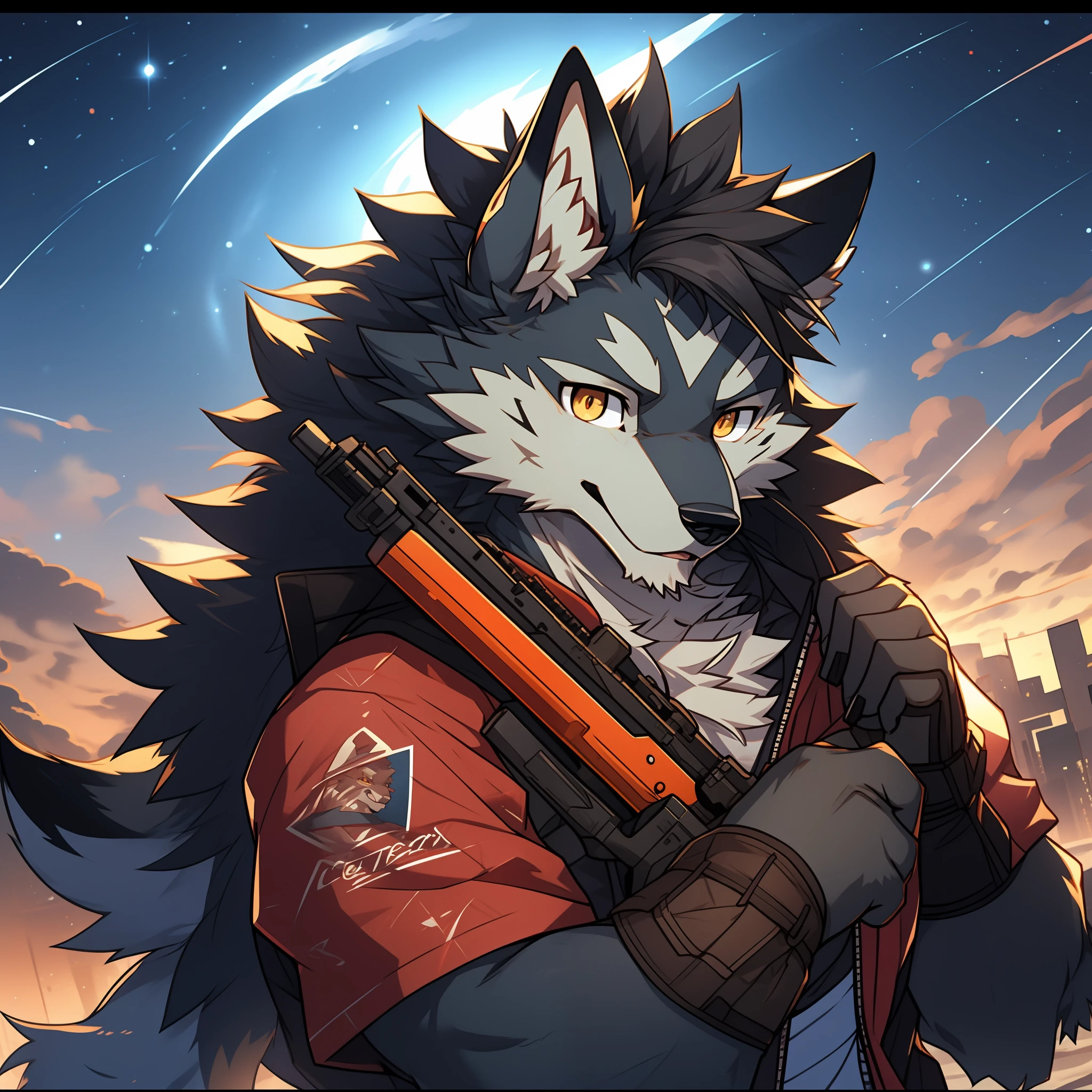 Furry，gray wolf，long whitr hair，Golden pupils，sniper gun，starrysky