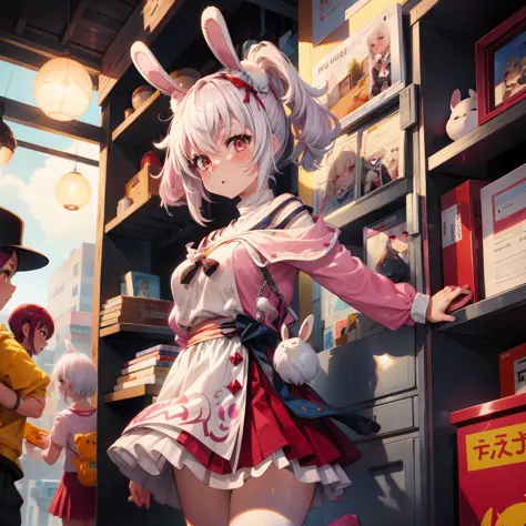 Pink clothes，Short skirt，dual horsetail ，White hair，red color eyes，Fake rabbit ears，Kizi，cute big breasts