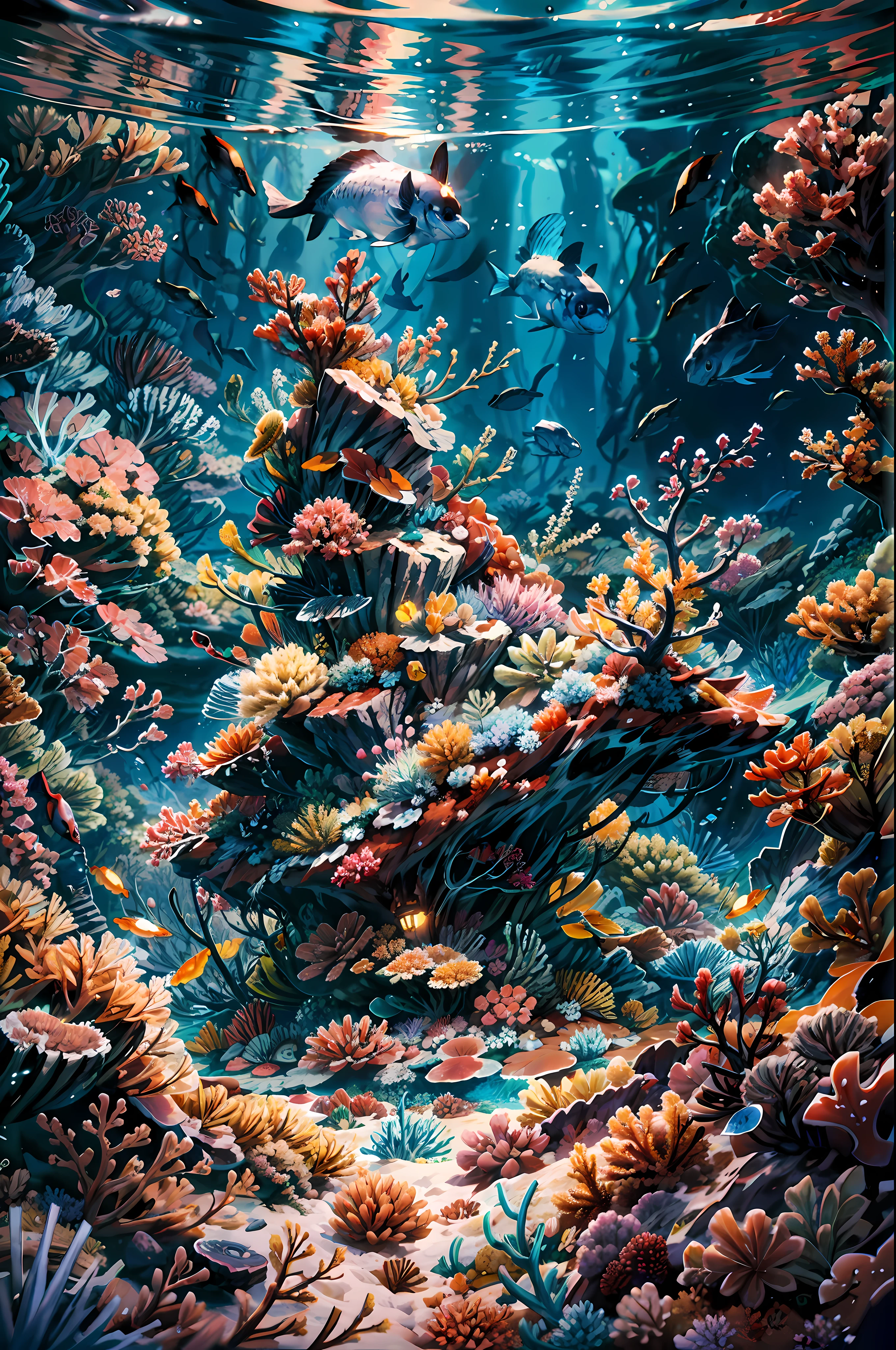 deep sea background, undersea scene, underwater light, under water castle, colorful small fishes, colorful coral reef grow on a vast sand ground under the water, fantasy sea, dynamic angle,sand and rock under everything BREAK,Detailed,Realistic,4k highly detailed digital art,octane render, bioluminescent, BREAK 8K resolution concept art, realism,by Mappa studios,masterpiece,best quality,official art,illustration,ligne claire,(cool_color),perfect composition,absurdres, fantasy,focused,rule of thirds