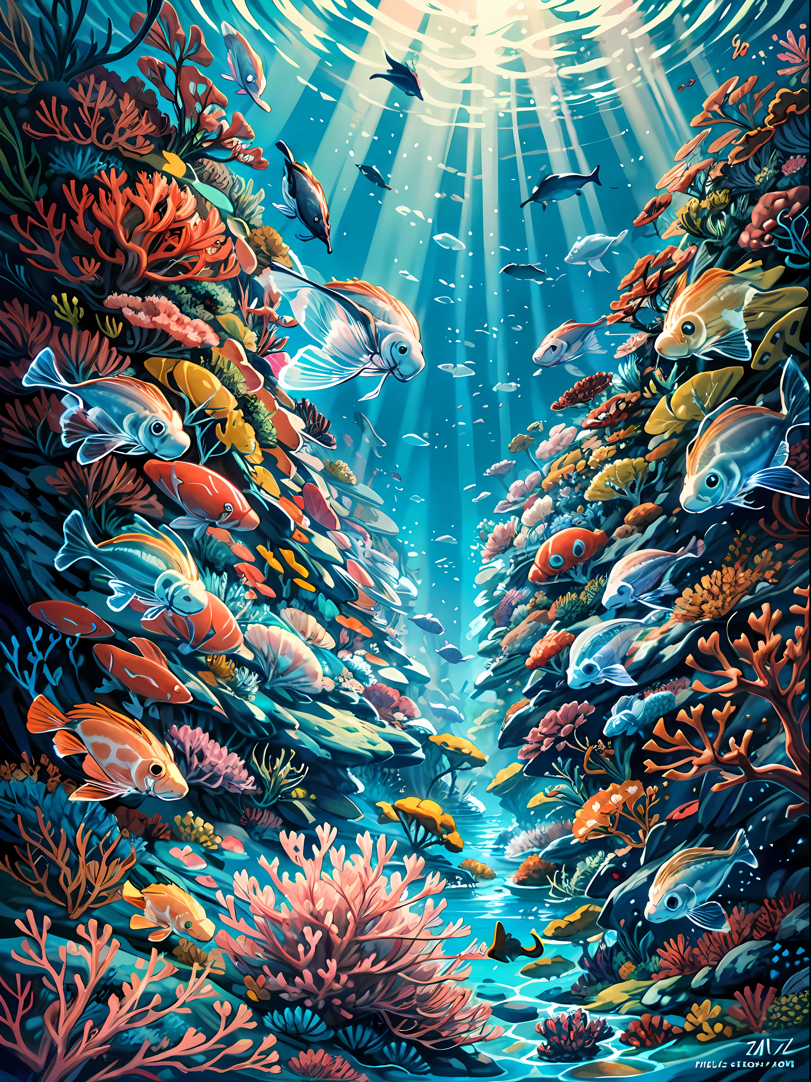 该图像捕捉到了超现实和超凡脱俗的水下风景，令人着迷的美丽, 图像的前景主要是巨大的, 色彩繽紛的珊瑚礁, 各种珊瑚种类营造出一幅色彩鲜艳的挂毯 BREAK 无数大大小小的鱼在珊瑚中穿梭, 增加图像的生命感和运动感. 是什么真正让这张图片与众不同, 然而, 是水母吗. 这些飘逸生物的捕捉方式使它们看起来几乎就像漂浮在空中一样, 长长的触手拖在身后, 仿佛它们是一群精致的芭蕾舞演员 BREAK 水母也从内部被照亮, 创造出一种超凡脱俗的光芒，似乎辐射到整个图像. 影像的整體效果是一個夢幻而超現實的海底世界, 那里的自然之美既令人难以忘怀的宁静又壮丽.