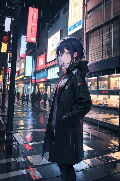 1girl,night city,rain,coat,hands in pockets
