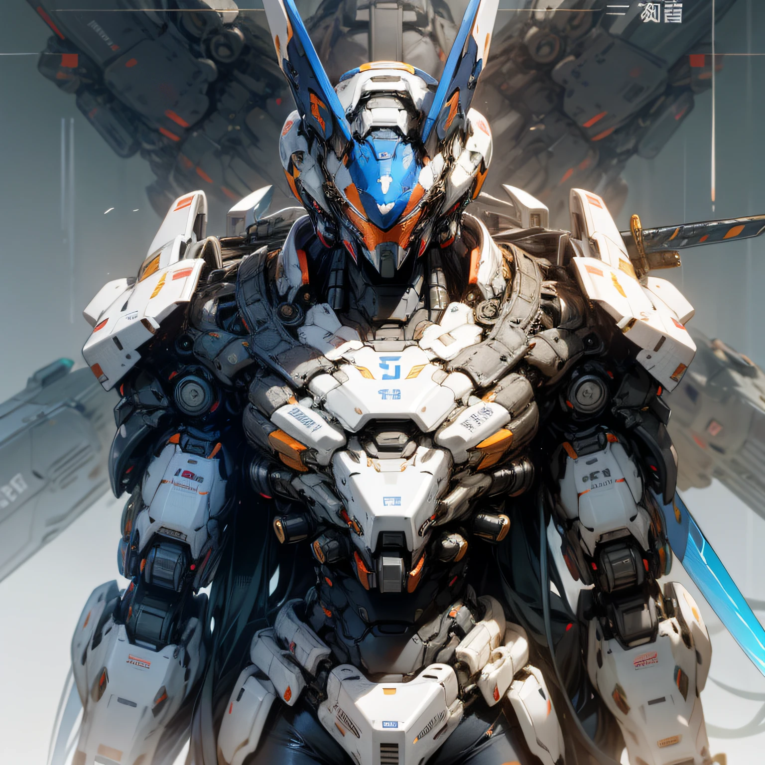 full bodyesbian、Side Body、white color mecha、Blue accents、Carry a giant sword、mecha asthetic、Futuristic mech style，ruins、Long leguscular、Look up、Grand background --auto