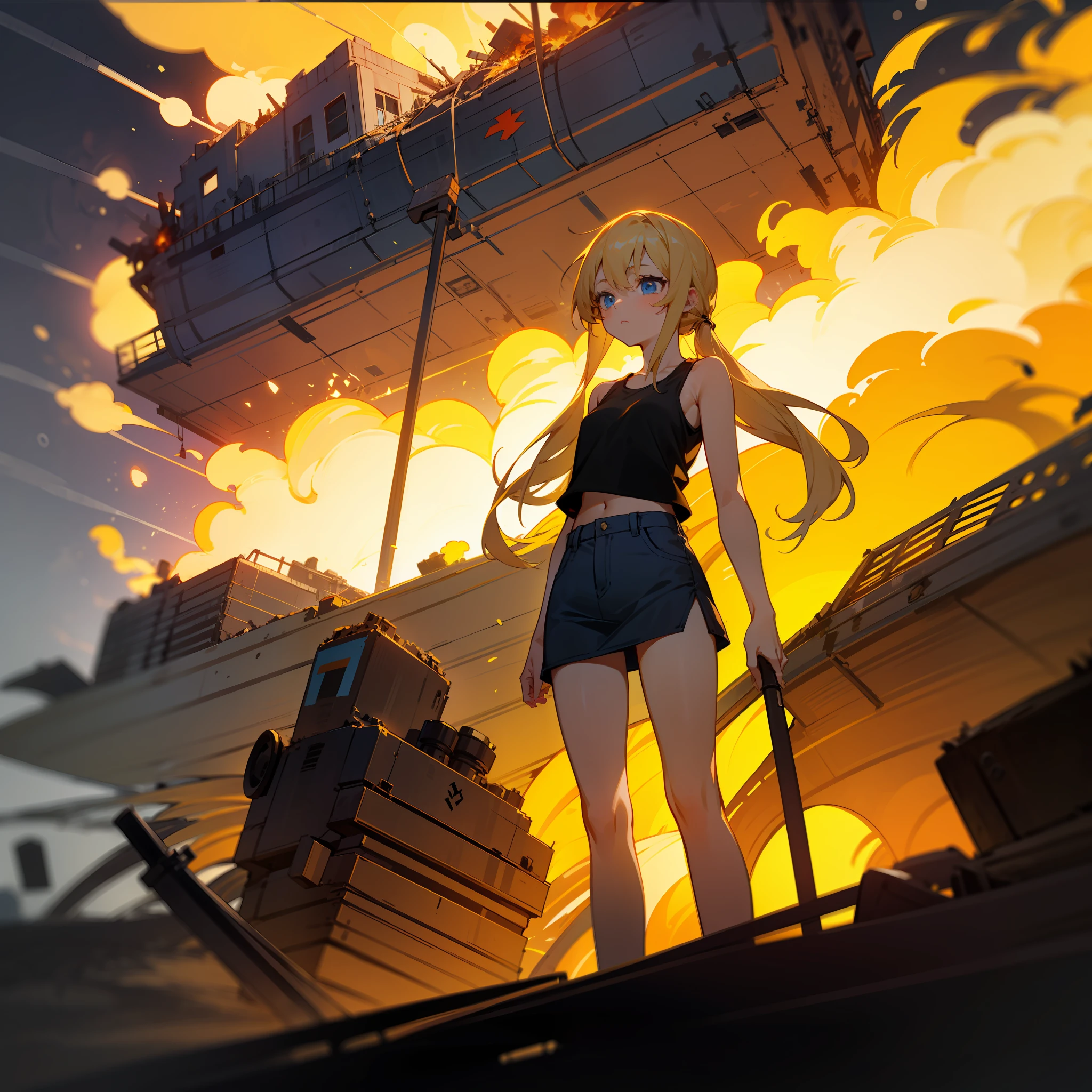 ​masterpiece, Top image quality, hight resolution, Beautiful blonde girl、女の子1人、Whole human body、Blue eyes、deadpan、Black tank top、jean skirt、semi long hair、is standing、showing butt、Shot a bazooka、by night、Naval port blown up in flames、Building in flames、Ship blasted into flames