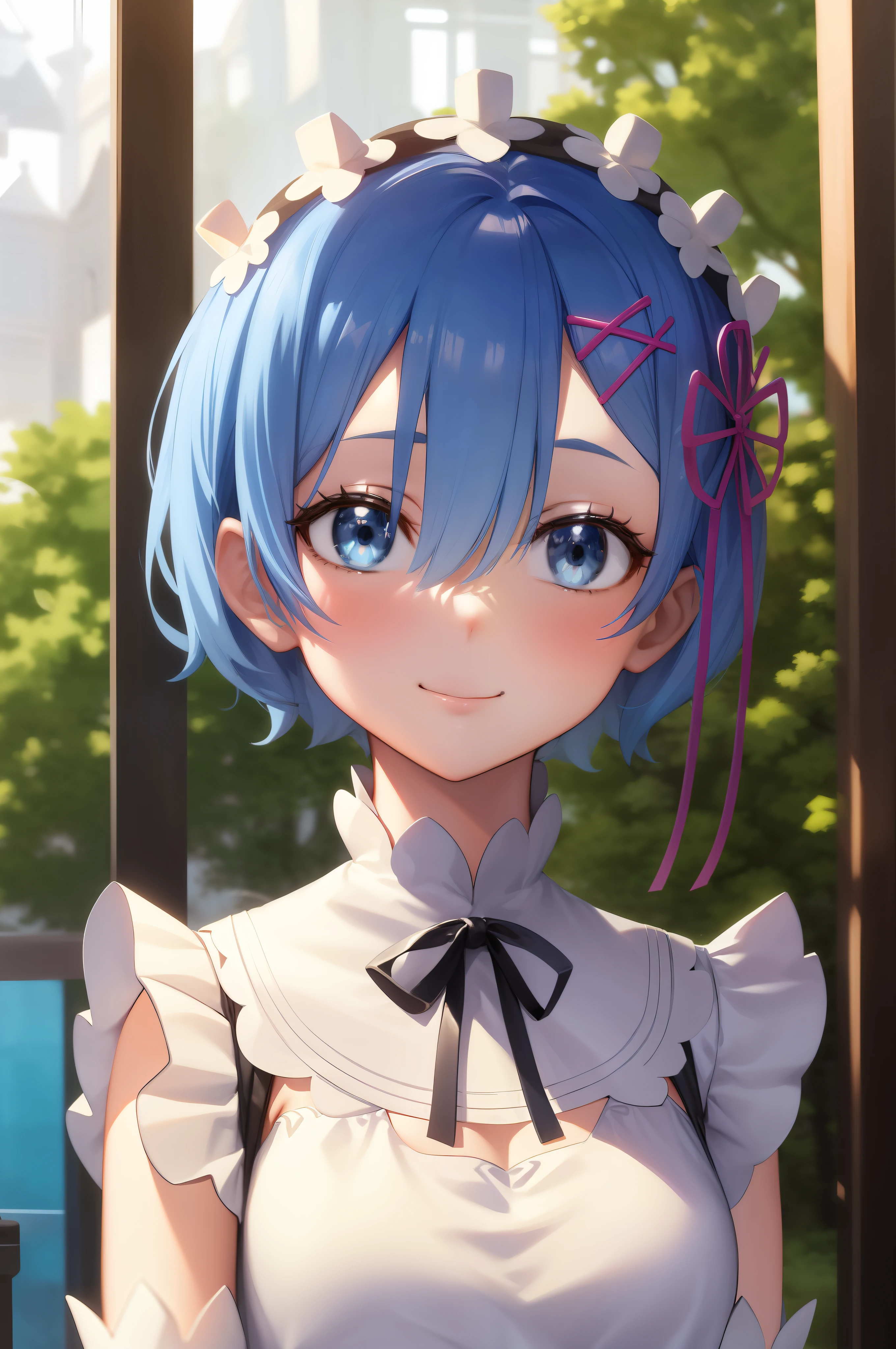 Anime girl with blue hair and white dress standing in front of window, Rem Rezero, short blue haired woman, anime visual of a cute girl, anime moe art style, Today's featured anime stills, style of anime4 K, Also, Girl with blue hair, , , 8K, close up of a young anime girl，ssmile