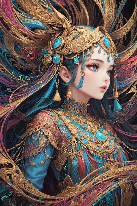(masterpiece, top quality, best quality, official art, beautiful and aesthetic:1.2), (1girl:1.3), extremely detailed,(fractal art:1.2),colorful,highest detailed,(zentangle:1.2), (dynamic pose), (abstract background:1.5), (treditional dress:1.2), (shiny ski...