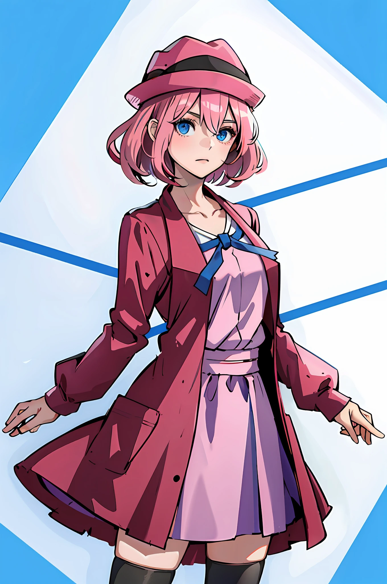 (masterpiece:1.2, best quality), (1girl, solo:1.2), short hair, blue eyes, blue ribbon, black thighhighs, neck ribbon, collarbone, pink dress, red coat, pink headwear,