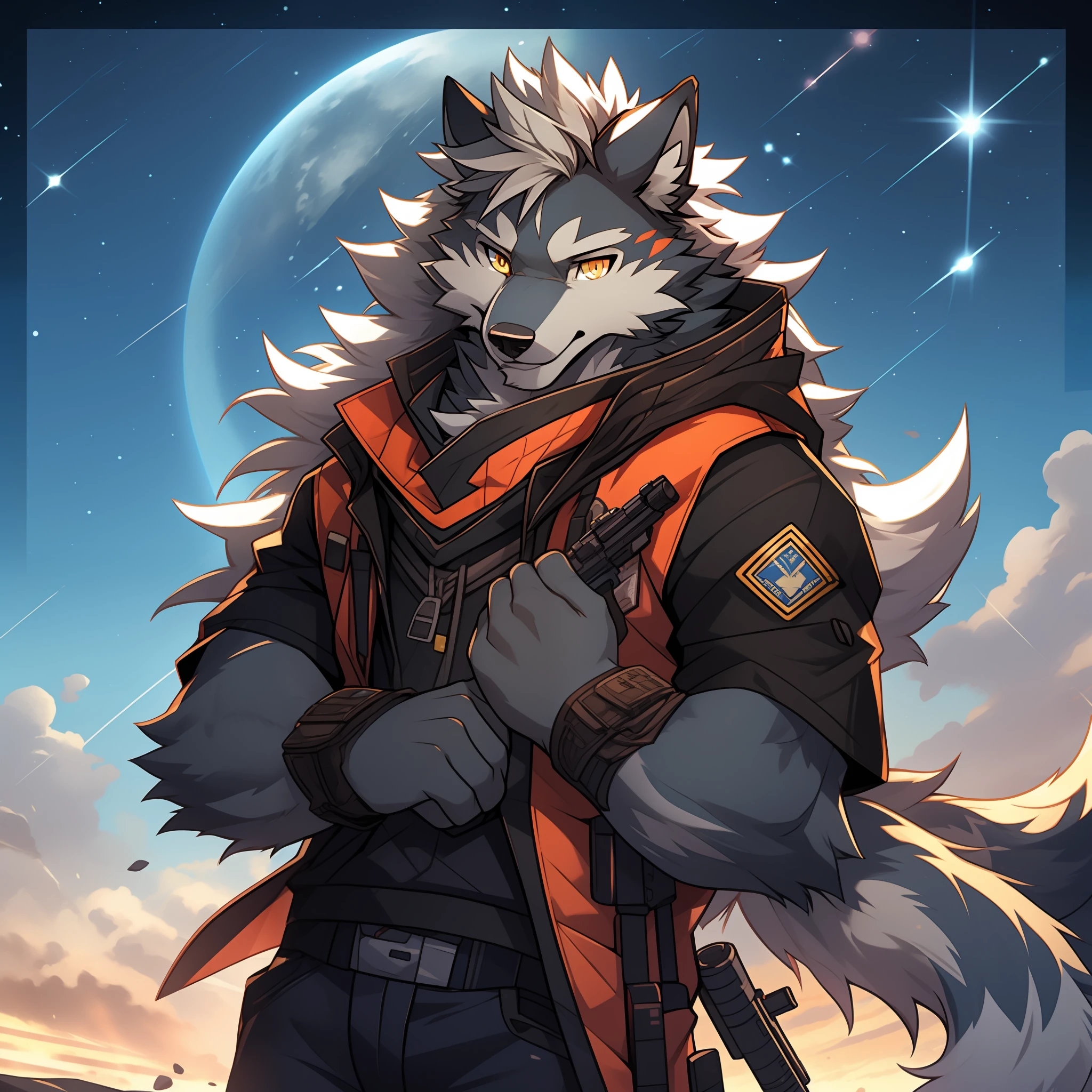 Furry，gray wolf，long whitr hair，Golden pupils，sniper gun，starrysky