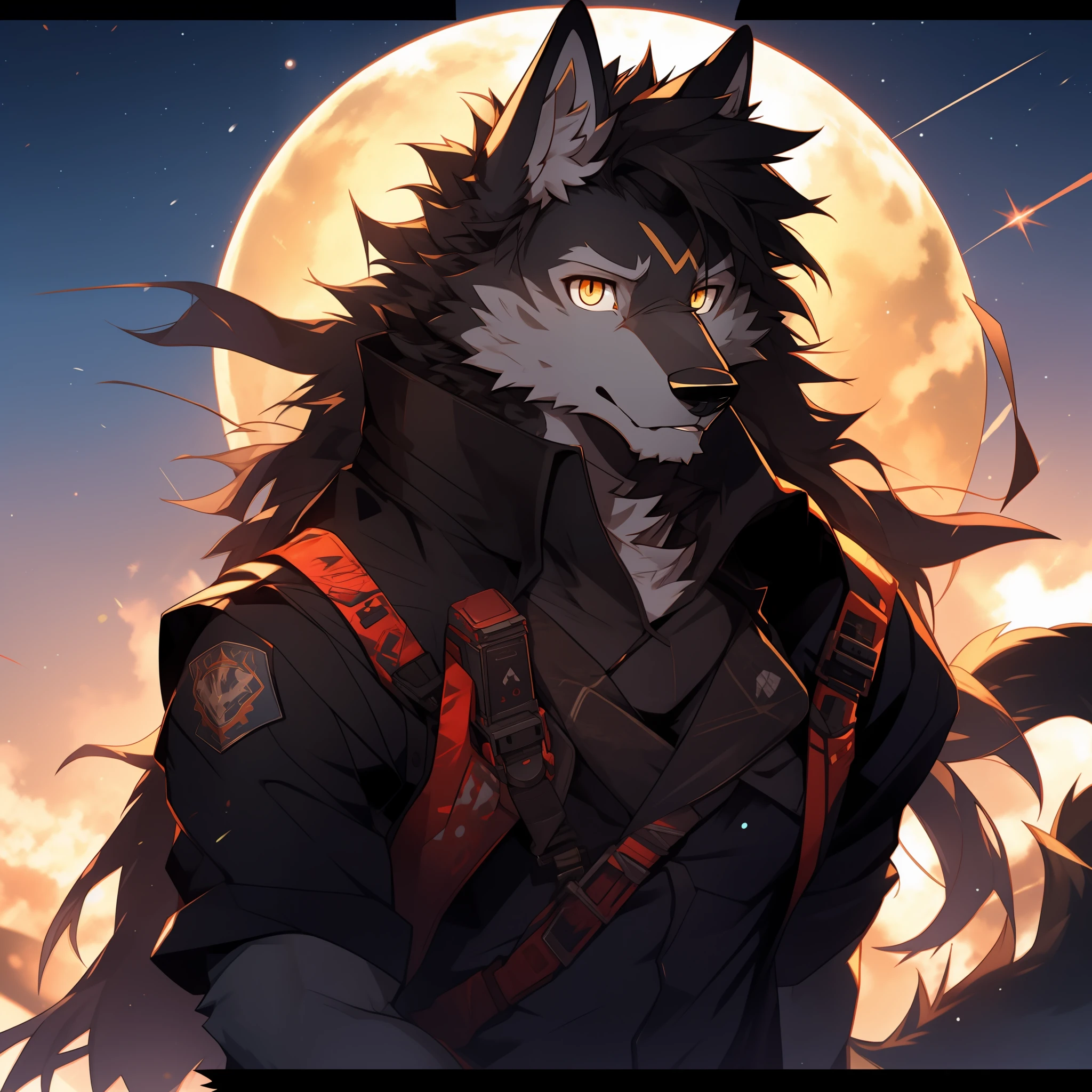 Furry，gray wolf，long whitr hair，Golden pupils，sniper gun，starrysky