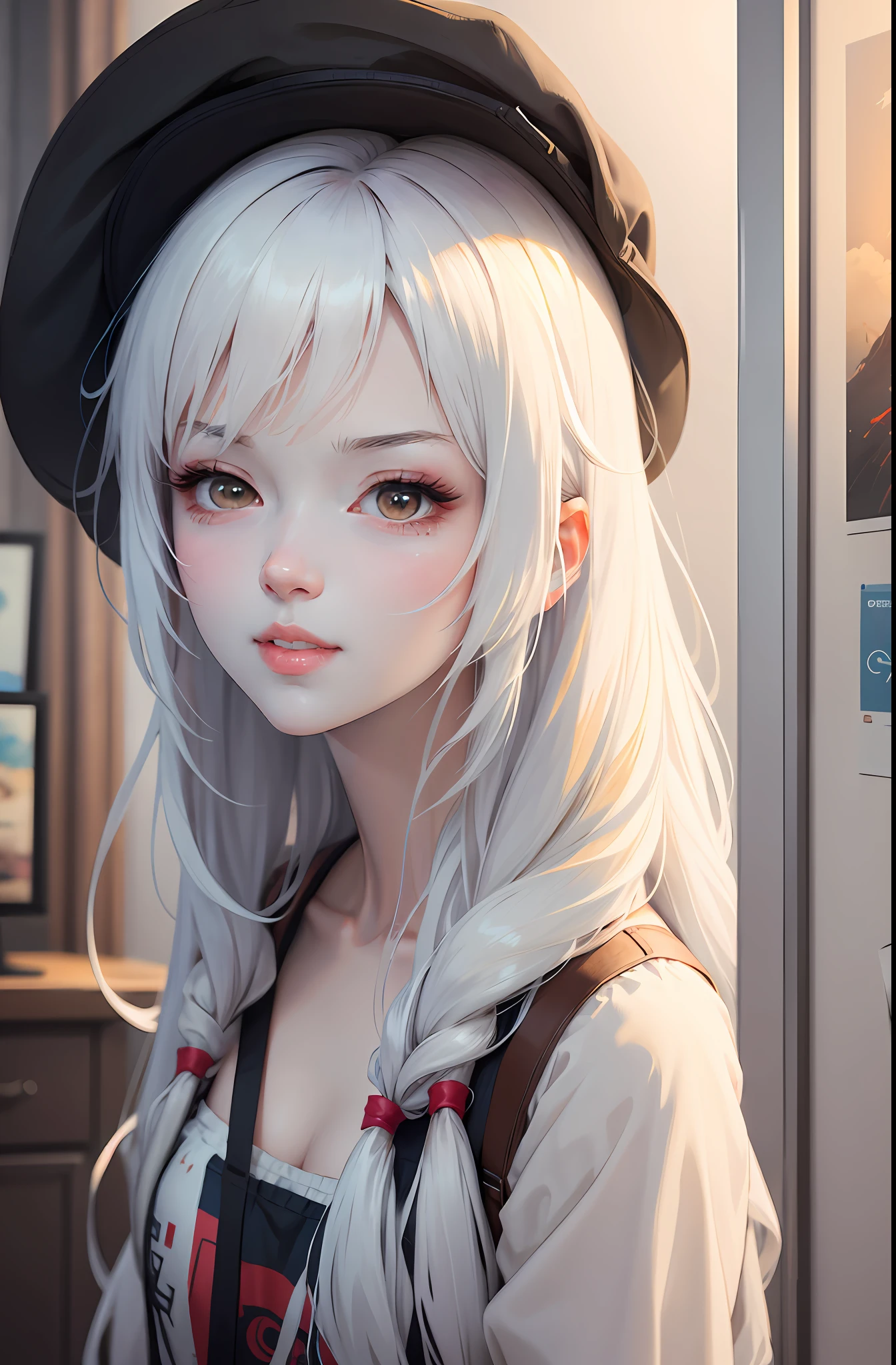 Anime girl with long white hair and hat on her head, white-haired god, Guviz-style artwork, Guweiz in Pixiv ArtStation, detailed portrait of an anime girl, Girl with white hair, Guweiz on ArtStation Pixiv, a beautiful anime portrait, portrait anime girl, Anime art wallpaper 4 K, Anime art wallpaper 4k