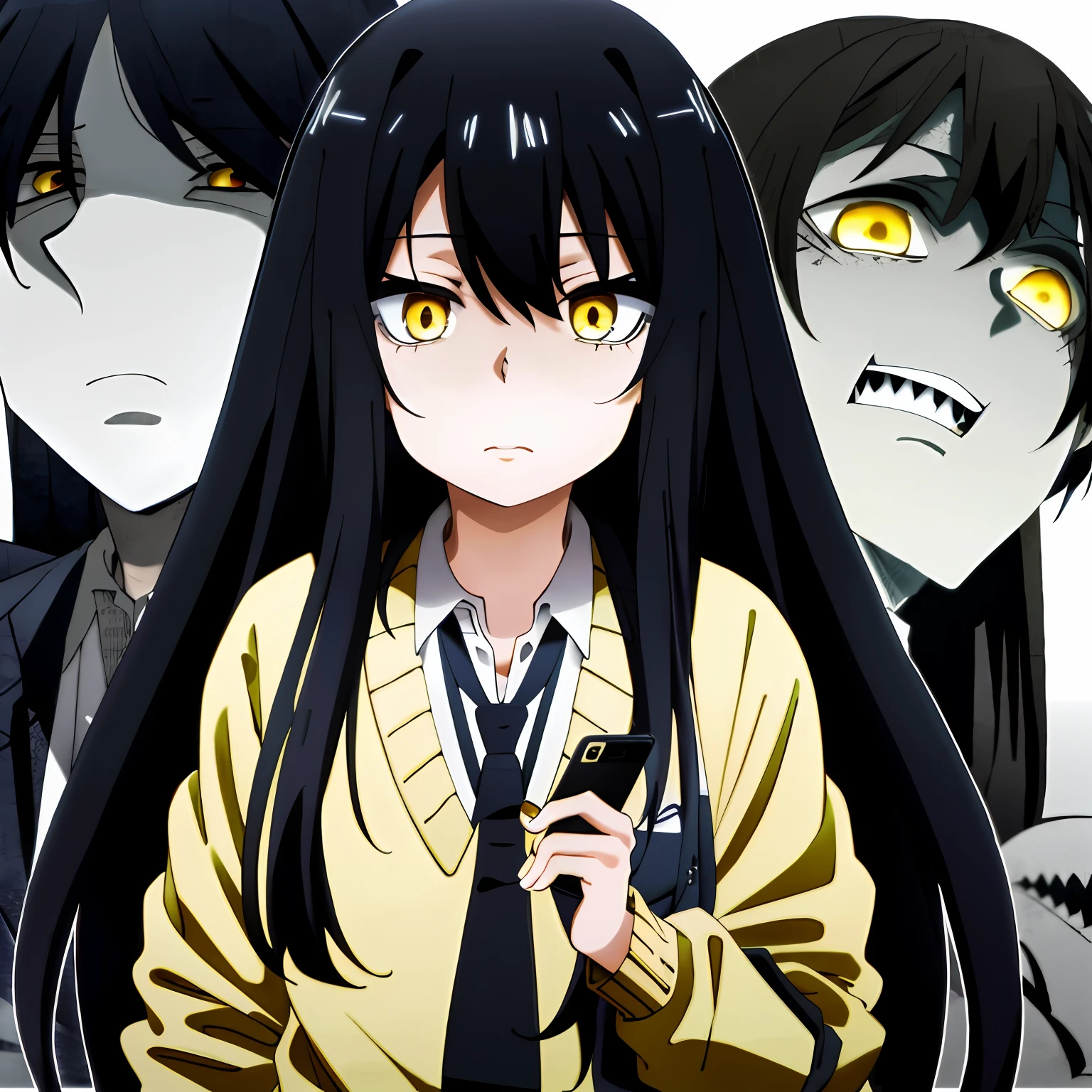 Anime characters with yellow eyes and long black hair - SeaArt AI