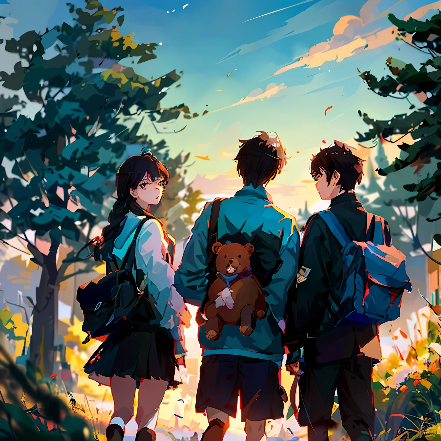 Anime scene of three young men carrying backpacks and teddy bears, Makoto Shinkai Cyril Rolando, Guviz-style artwork, Guweiz e Makoto Shinkai, in the style of makoto shinkai, in style of atey ghailan, atey ghailan 8 k, ( ( Makoto Shinkai ) )