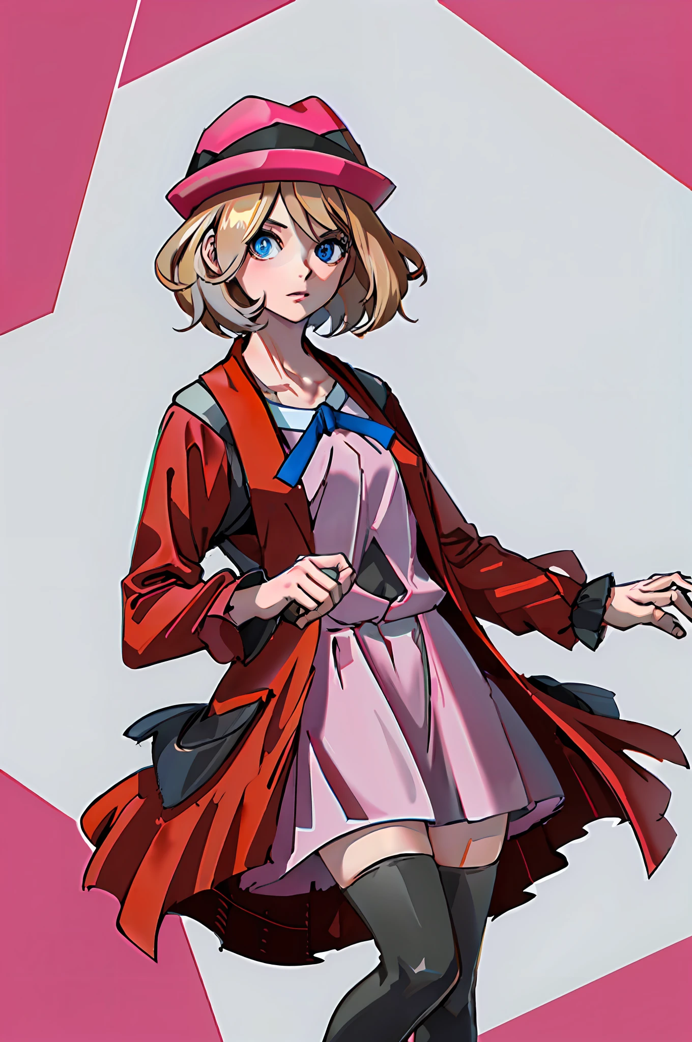 (masterpiece:1.2, best quality), (1girl, solo:1.2), short hair, blue eyes, blue ribbon, black thighhighs, neck ribbon, collarbone, pink dress, red coat, pink headwear,