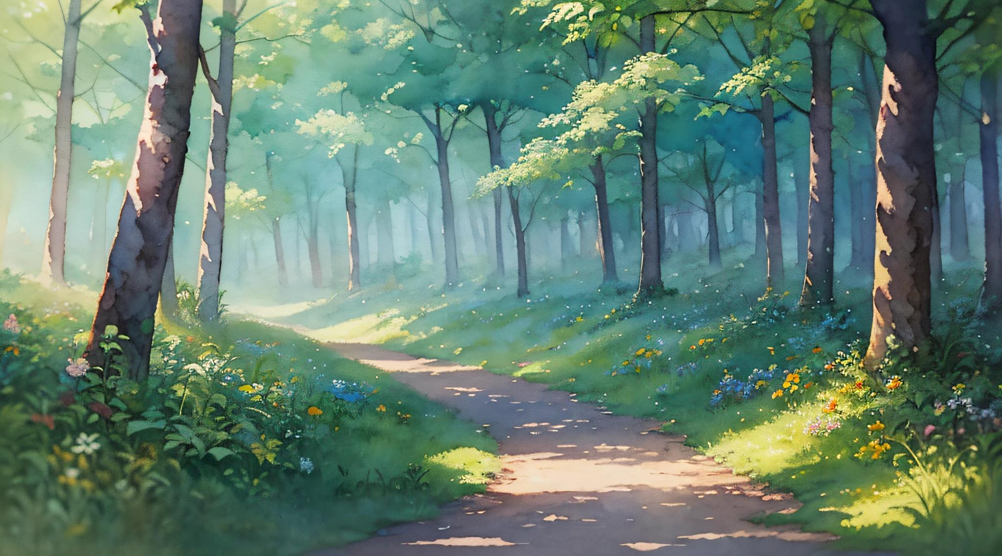 bosque, naturaleza, (temprano en la mañana: 1.2), ((iluminación natural)), Enfoque claro, (tiro largo: 1.1), (acuarela: 1.2), cuadro, (primavera: 1.2), Estudio Ghibli