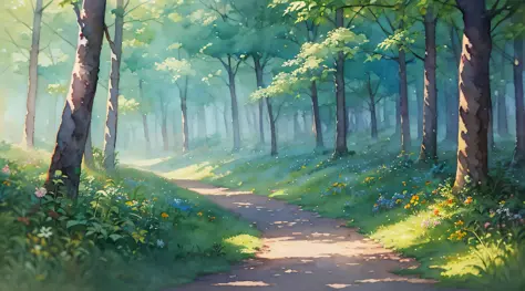 forest, nature, (early morning: 1.2), ((natural lighting)), clear focus, (long shot: 1.1), (watercolor: 1.2), painting, (spring:...
