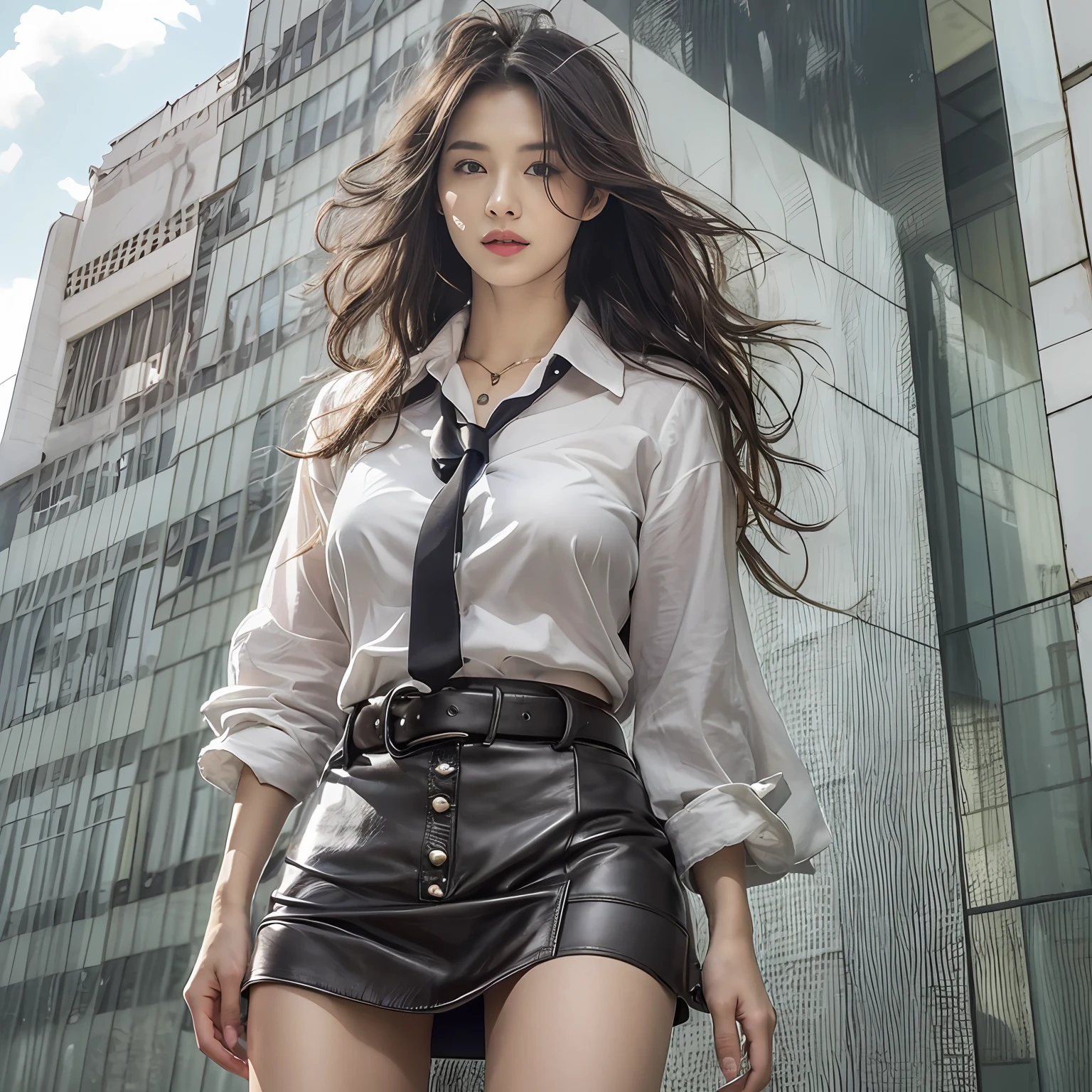(top-quality、hight resolution、​masterpiece:1.3)、Tall and cute woman、Slender Abs、Dark brown hair styled in loose waves、breastsout、Wearing a pendant、White button-up shirt、a belt、Black leather tight skirt、(Modern architecture in background)、Details exquisitely rendered in the face and skin texture、A detailed eye、double eyelid