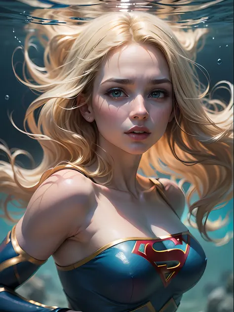 Supergirl, olhos azuis, blonde hair, Cabelos Longos, (blonde girl:1.5), dentro de um lago, banhos noturnos, (Realistic:1.2), Par...