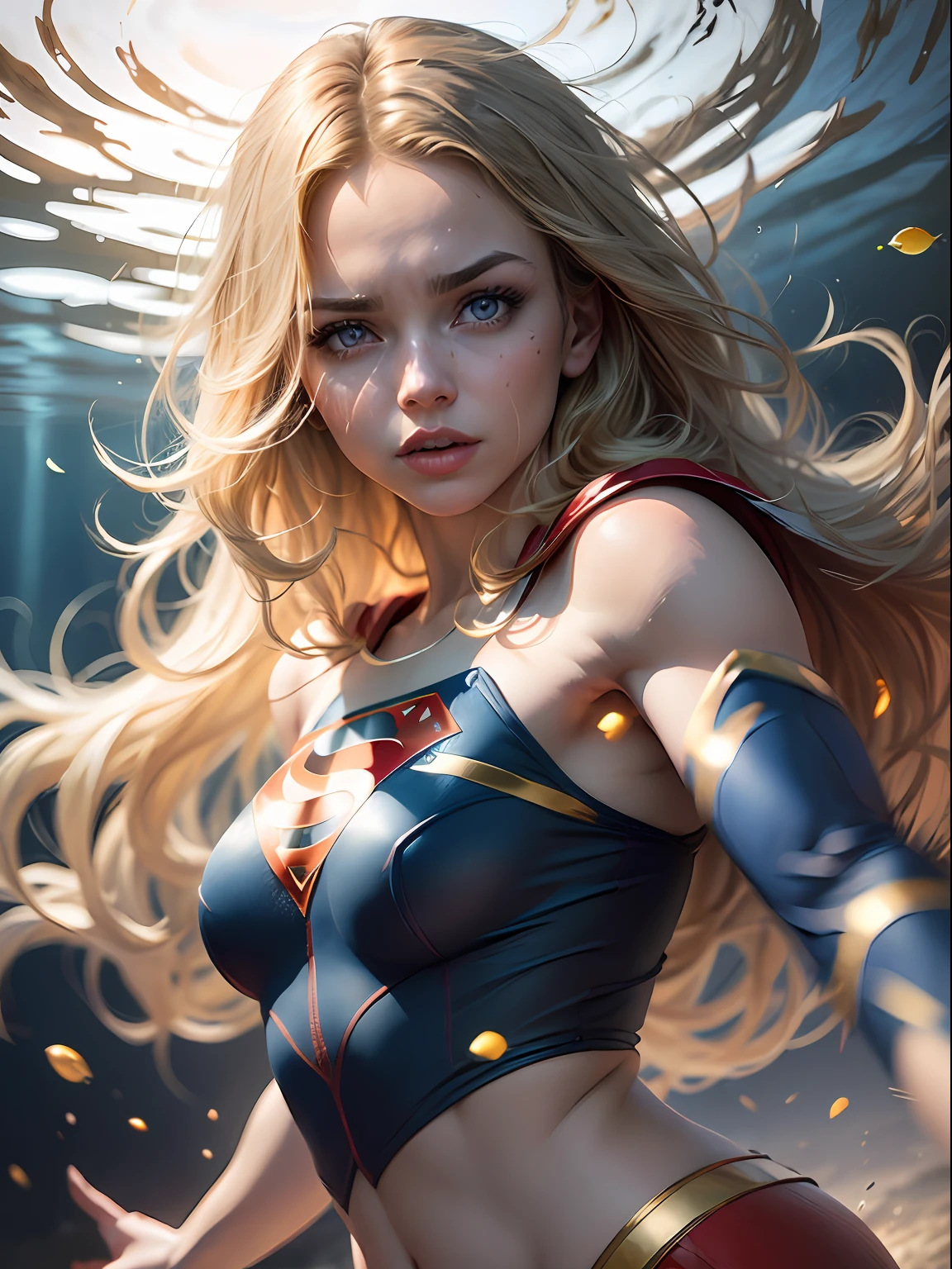 Supergirl, blue colored eyes, blonde hair, long  hair, (blonde girl:1.5), inside a lake, night baths, (Realistic:1.2), Partially underwater shooting, (真实感:1.2), (master part:1.2), (best quality), (ultra detaild), (8K, intrikate), (85 millimeters), light particles, The lighting, (highy detailed:1.2), (face detailed:1.5), (gradients), SFW, Colouring, (detailedeyes:1.5), (detailed backgrounds), (Dynamic angle:1.2), (dynamic pose:1.2), (rule of third_compositing:1.3), (action line:1.2), throwing long, night light, standing alone.