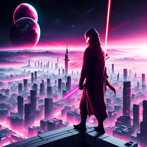 foto, a man standing on a ledge holding a red lightsaber overlooking a city at night and with a planet in the background of the ...