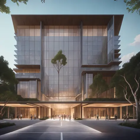 There are many windows、Rendering of a large building with lots of people walking around, wide angle exterior 2022, mantra rendering, sharp hq rendering, hq render, front-facing view, Front perspective, rendered, mid-view, artistic rendering, Detailed rende...