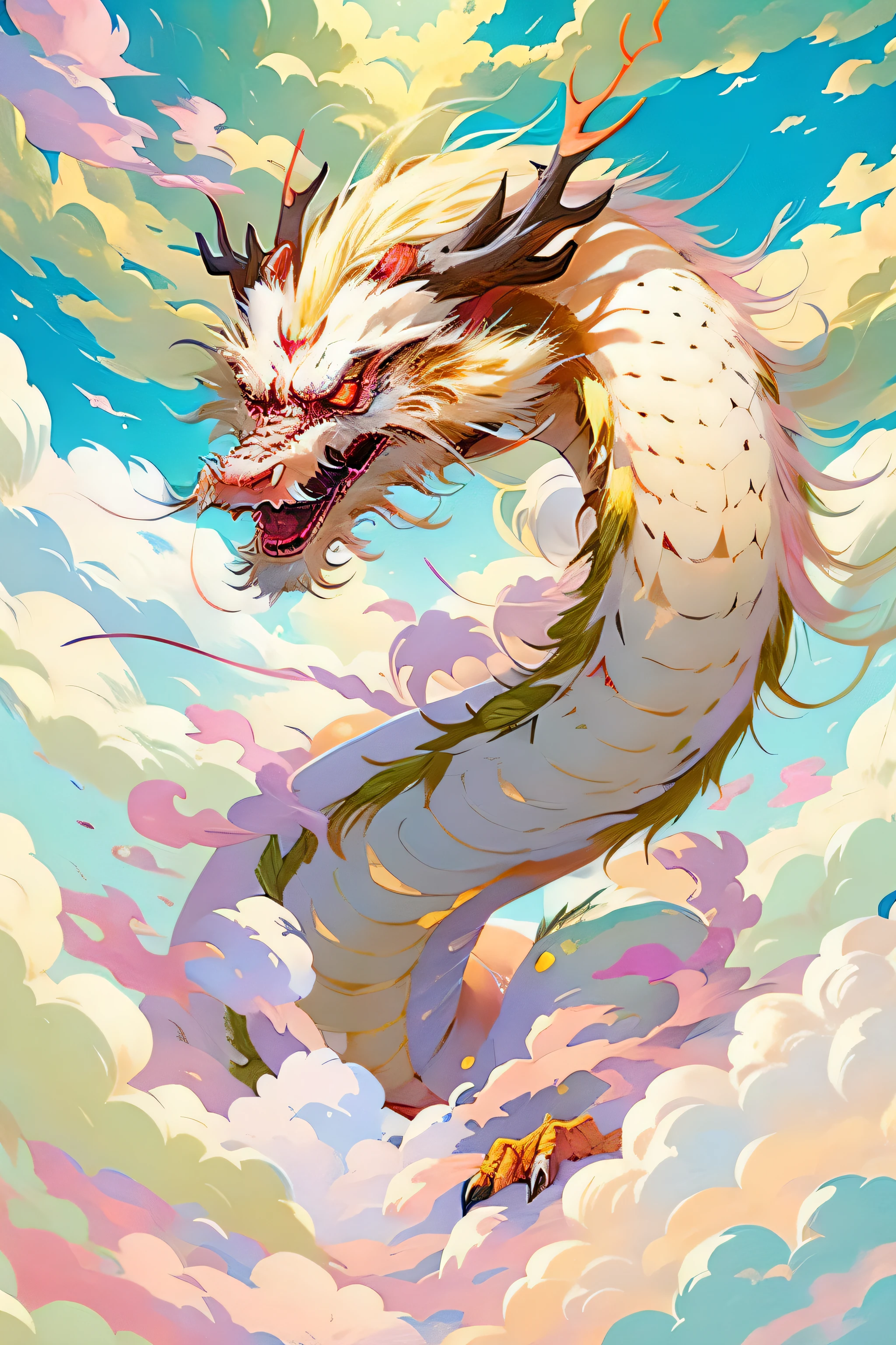 Best Quality,masutepiece,超A high resolution, (long:1.2),No humans, cloud,  Red Eyes, (lighting horns), Open mouth, skyporn, tusk, eastern dragon, Cloudy sky, tusk, Flying in the sky, Sateen,